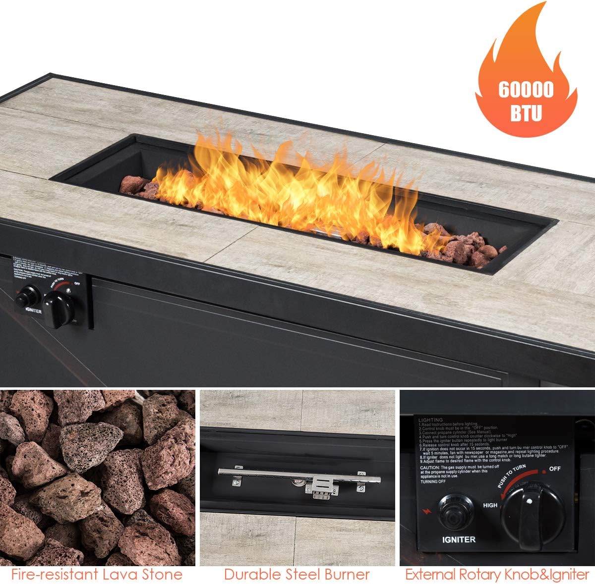 Giantex Gas Fire Pit Table w/Ceramic Tabletop, 42 Inch 60,000 BTU Rectangular Propane Fire Pit Table, Outdoor Electronic Ignition Propane Heater w/Table Cover, Waterproof Cover, Lava Rock