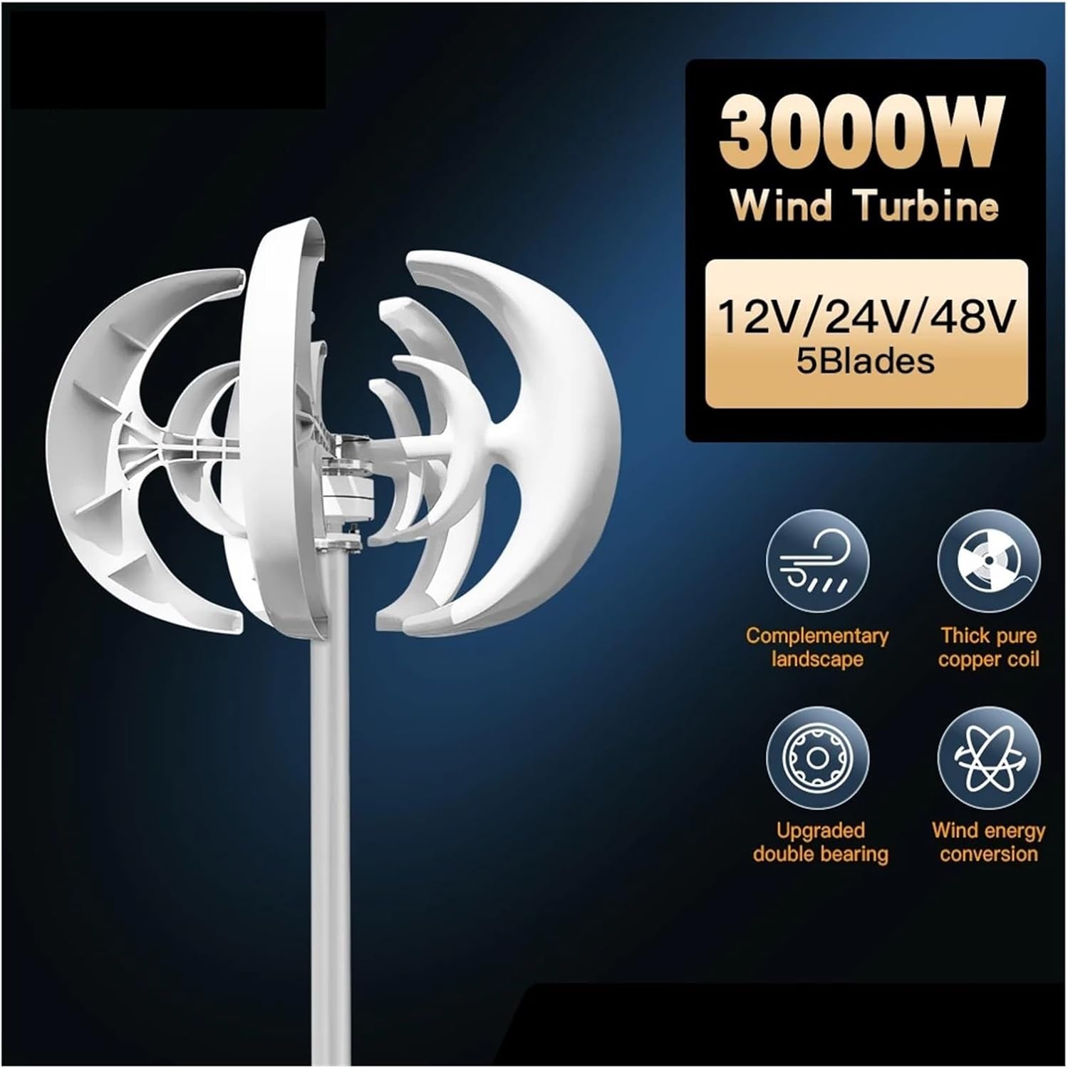 3000W 24V 48V Vertical Wind Turbine Small Wind Turbine Home Use Low Noise High Efficiency Low Starting Speed for Home(White,MPPT Control_24V)