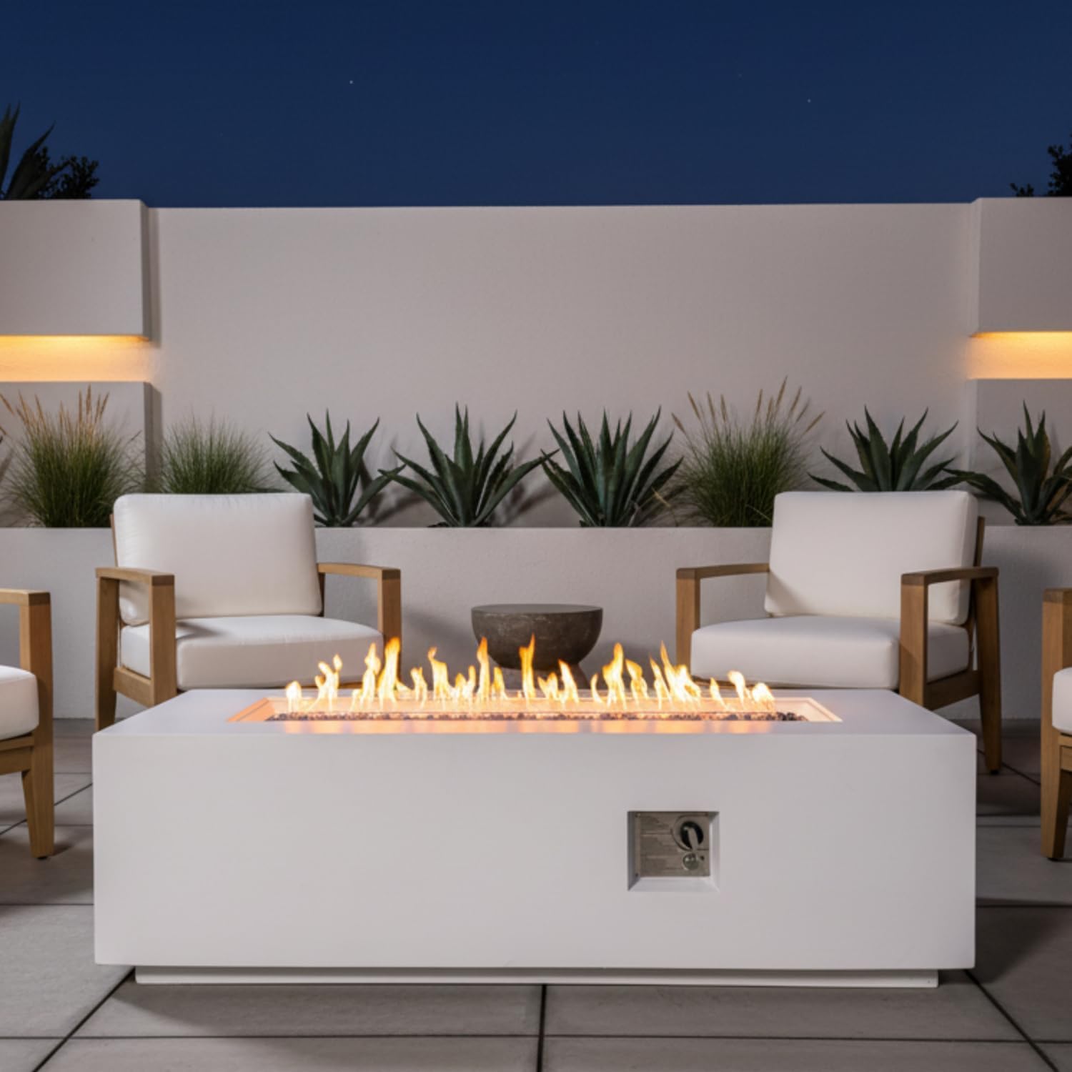 Outdoor Rectangle Propane Fire Pit Table 60Inch Magnesium Oxide White Material Outdoor Garden, Patio Cozy Evenings