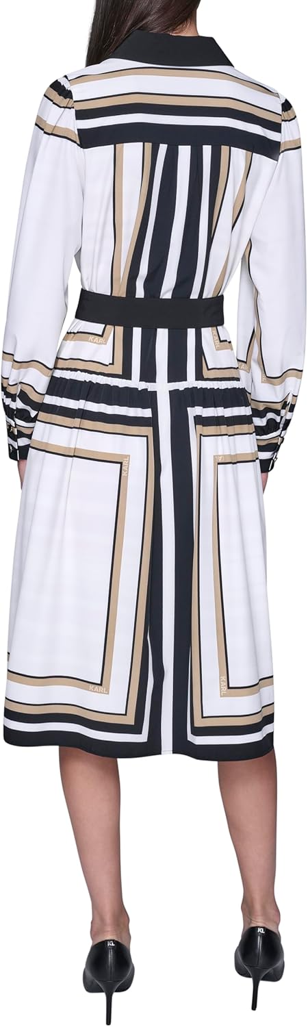 Karl Lagerfeld Women's Collared Printed Silky Crepe Belted Midi Dress