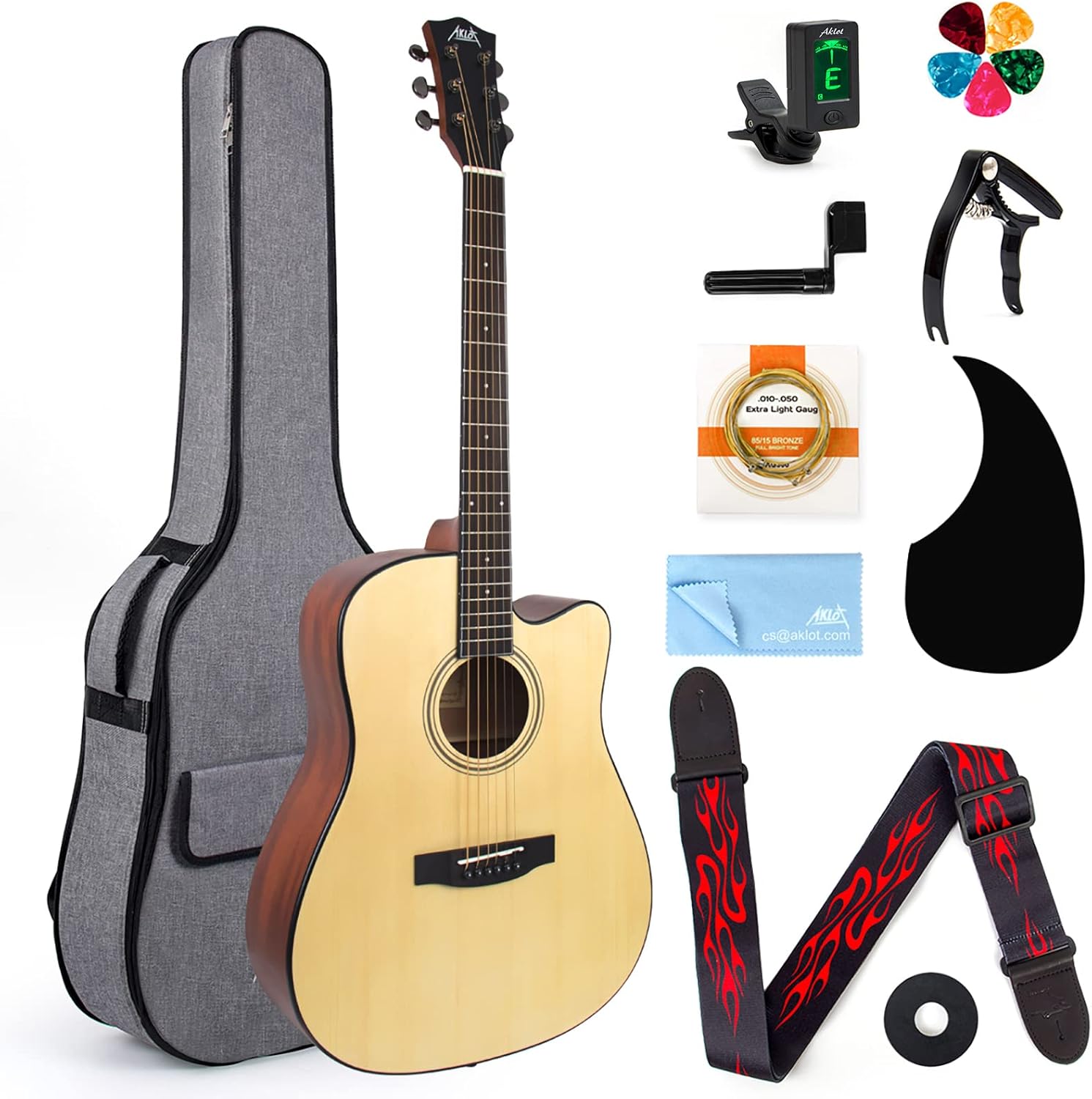 AKLOT Acoustic Guitar for Beginners Full Size 4/4 Folk Guitars Cutaway Acoustique Guitare Starter Kit (Spruce Wood W/Bag)