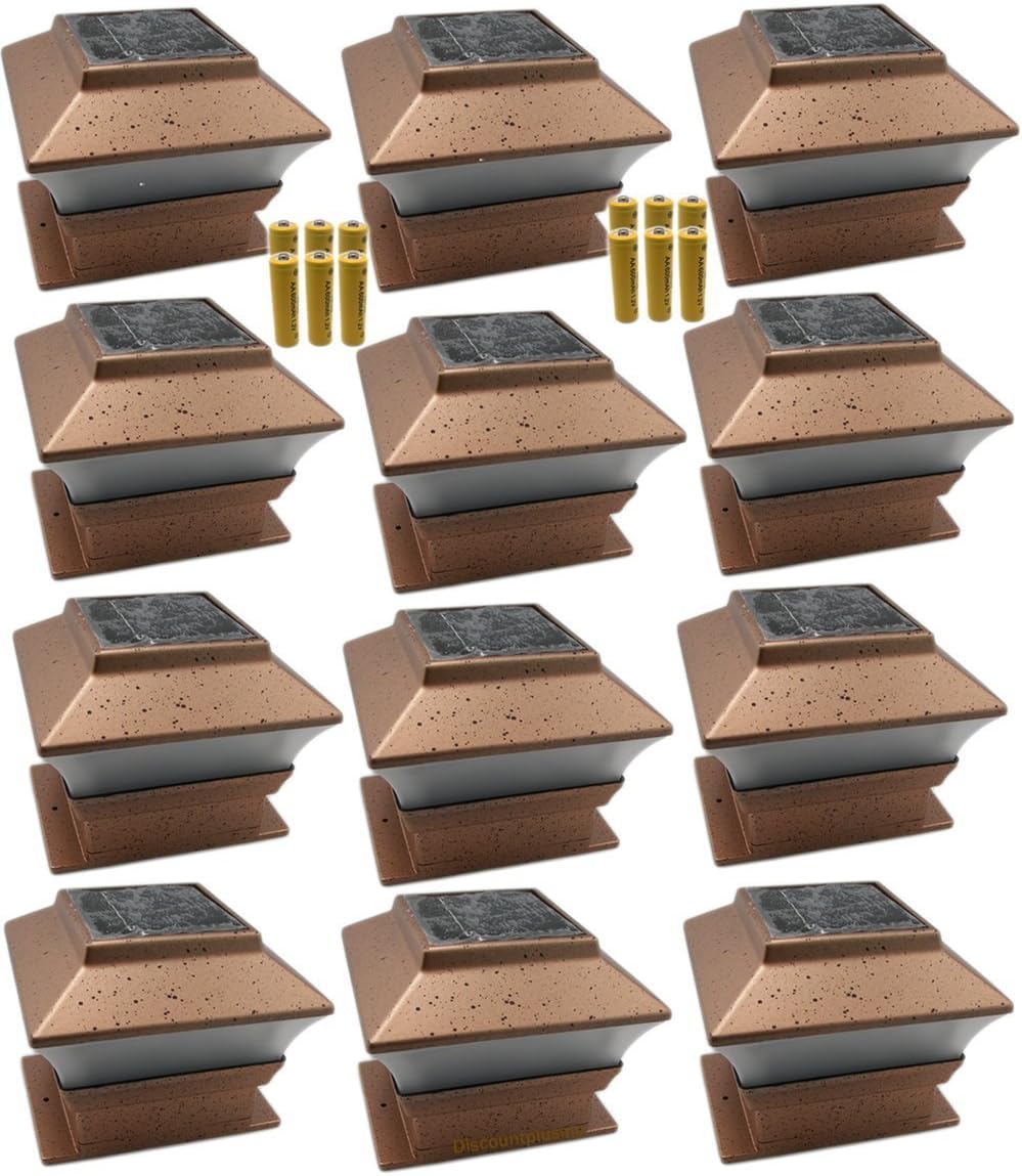 12 Pack Outdoor Garden Solar LED Copper Post Cap Fence Pathway Landscape Deck Square Light Lights + Free Bonus 12-Pack AA 600 mAH Replacement Rechargeable Batteries Bundle Deal
