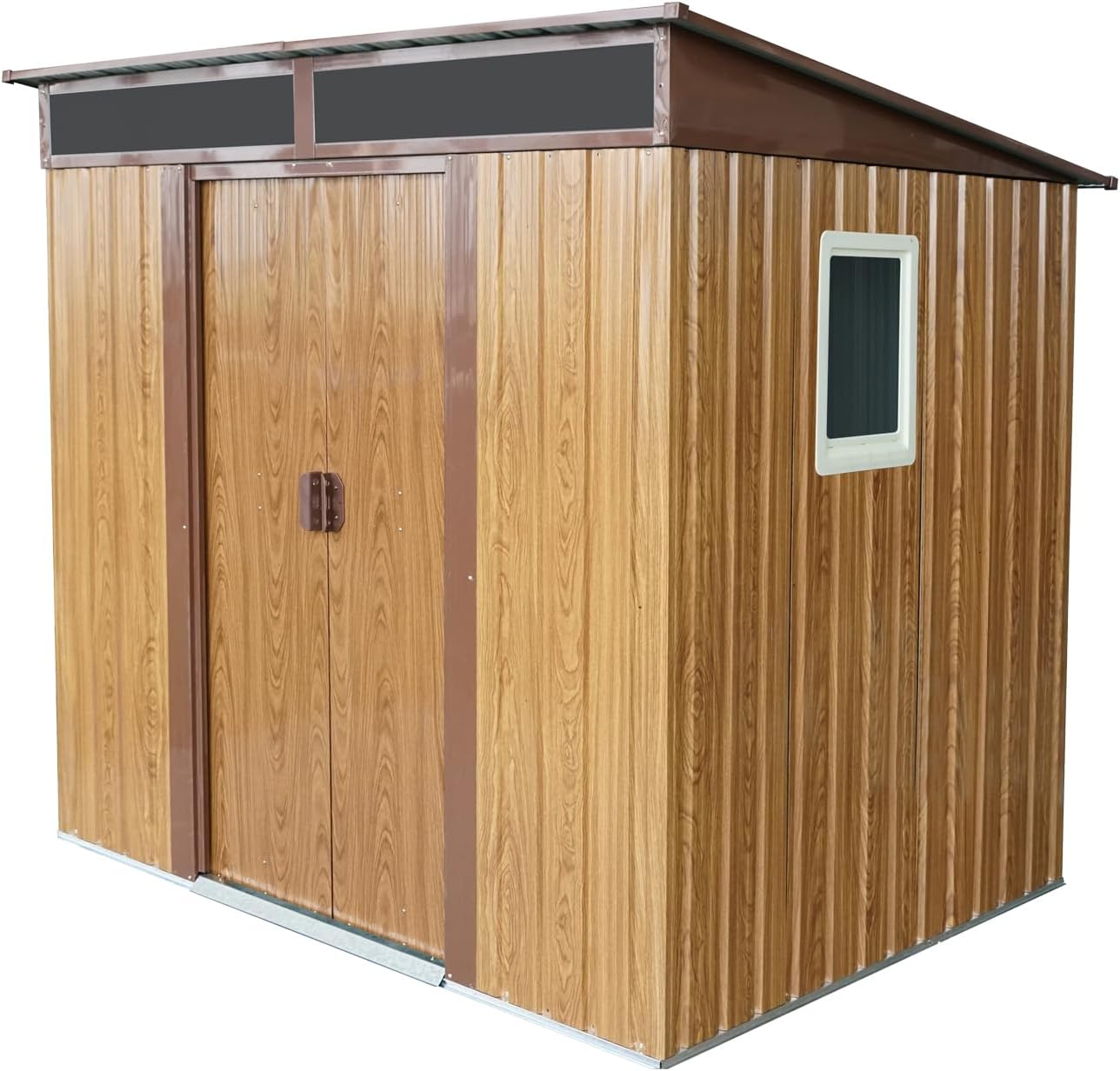 6x5 FT Shed - Metal Storage Shed with Window - Outdoor Garden Tool House with Floor Frame, Transparent Panels and Sliding Doors for Backyard, Patio, Garage, Lawn(Coffee)