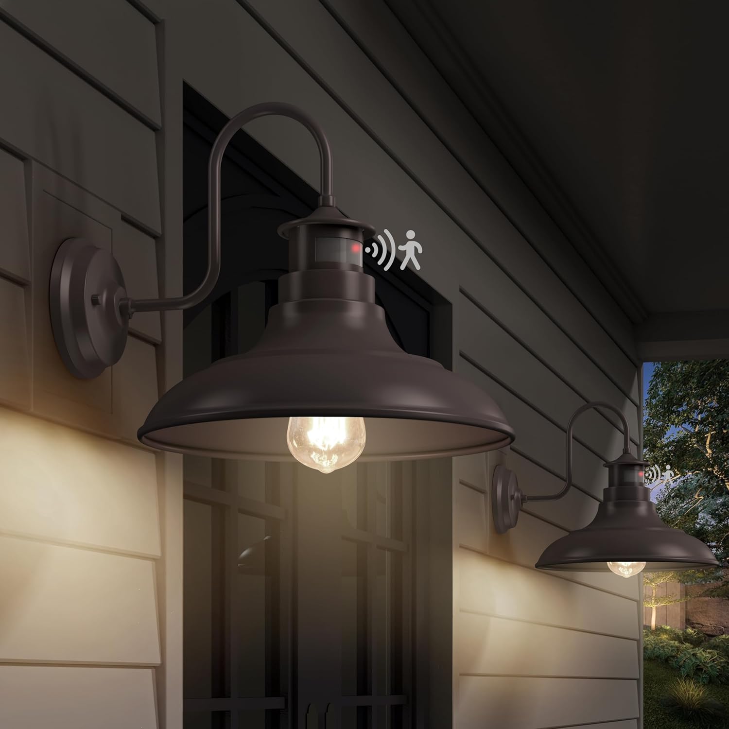 2 Pack Farmhouse Gooseneck Wall Sconce Barn Lights,Motion Sensor and Dusk to Dawn Outdoor Wall Mount Lighting Fixtures,3 Modes Exterior Porch Light IP65 Waterproof E26 Matte Brown Wall Lamp for Patio