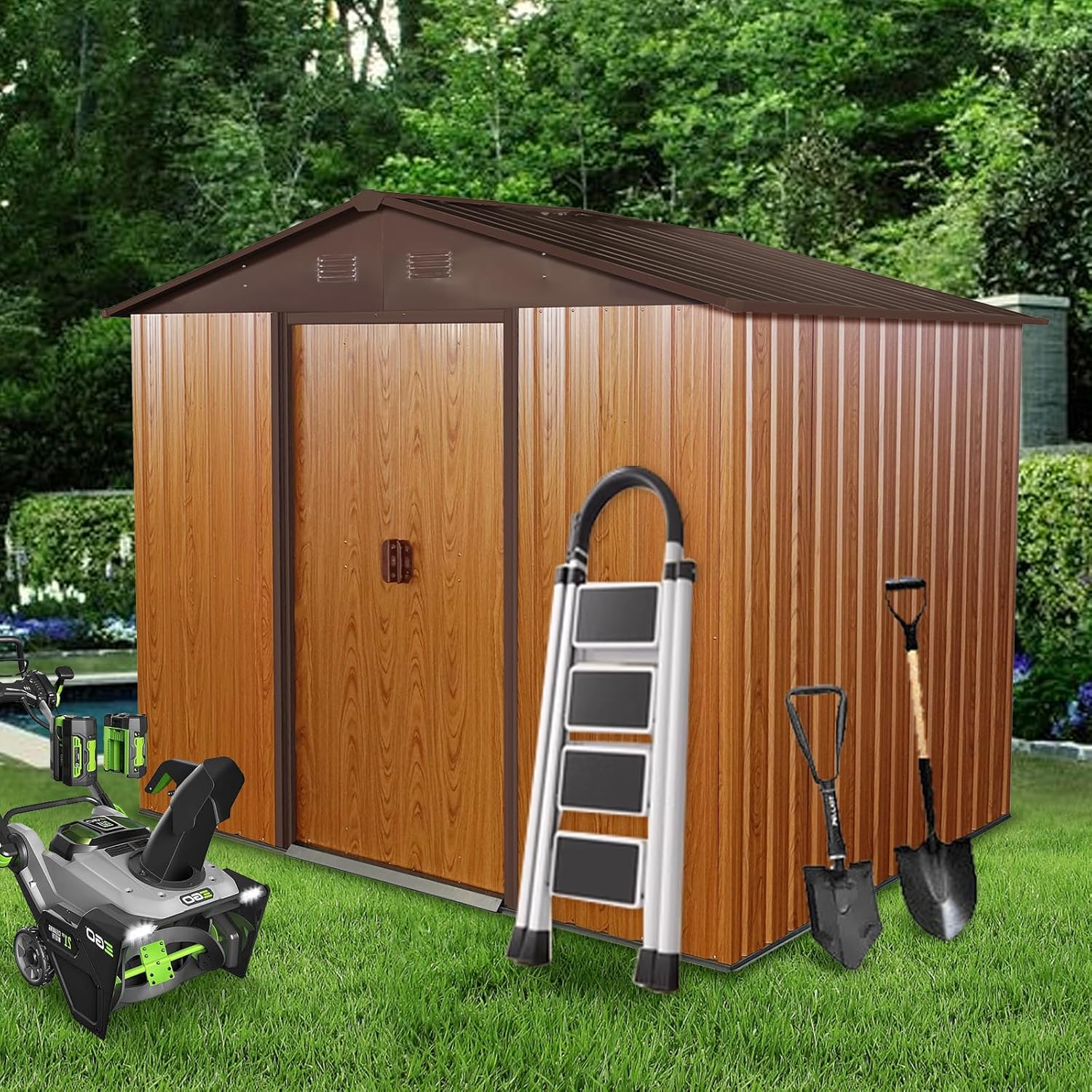 8X6FT Outdoor Metal Storage Shed, Garden Tool House for Patio, Backyard, Lawn (Brown)