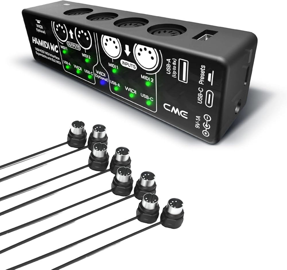 CME H4MIDI WC + 4-Pack 2-FT MIDI Cables - USB Host MIDI Interface with Router, Mapper & Filter + 4-Pack 2-FT 5-pin DIN MIDI Cables for compact spaces