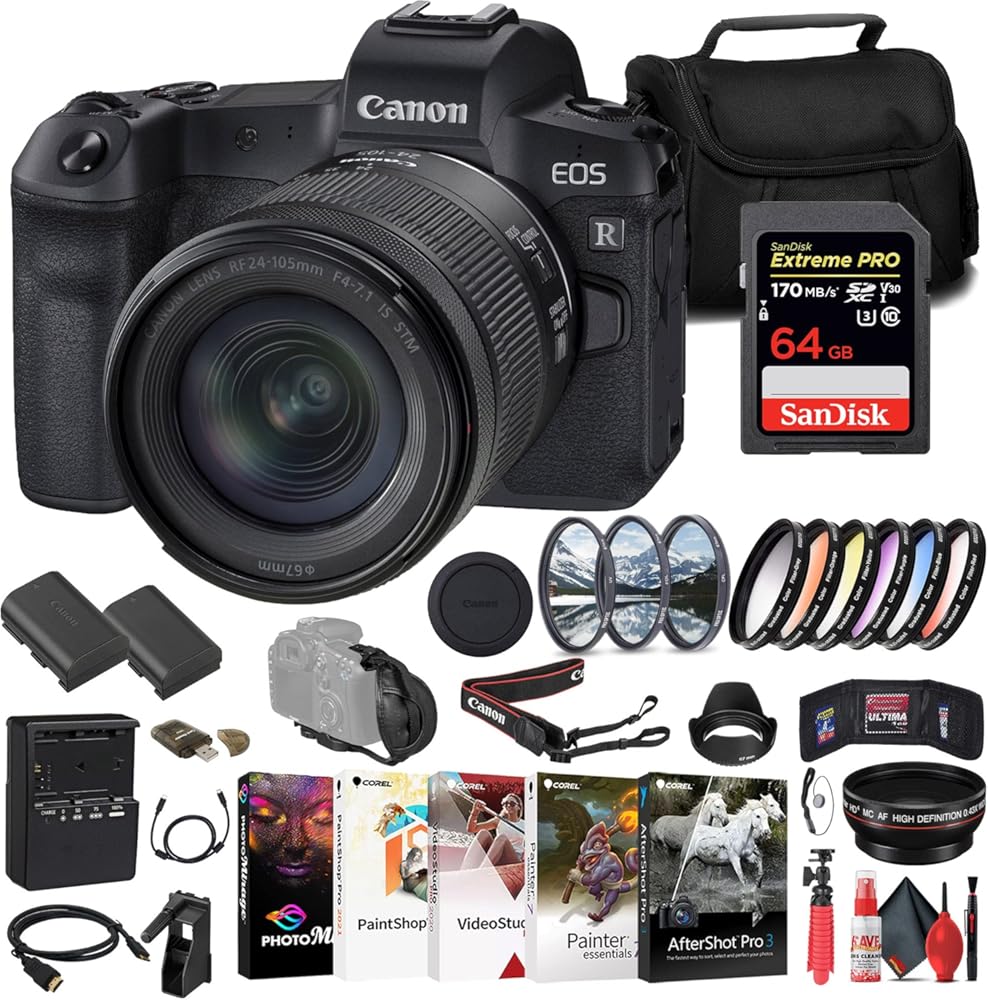 Canon EOS R Mirrorless Camera with 24-105mm f/4-7.1 Lens (3075C032) + 64GB Memory Card + Filter Kit + Wide Angle Lens + Color Filter Kit + Lens Hood + Bag + Charger + LPE6 Battery + More (Renewed)