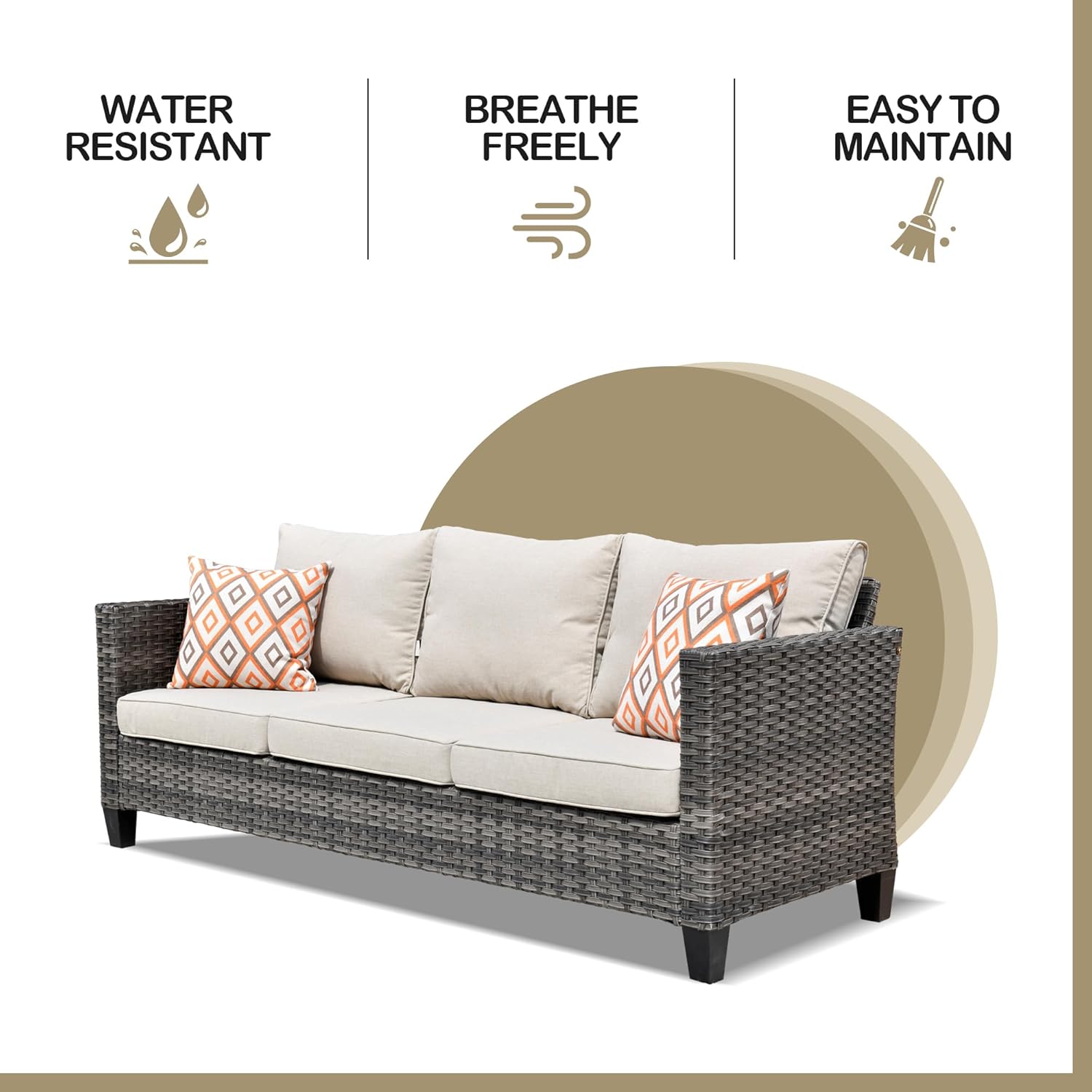 4 Pieces Wicker Patio Furniture Set,PE Rattan Outdoor Conversation Sofa Set with 42inch Fire Pit Table, Non-Slip Cushions and Swivel Chair(Beige)