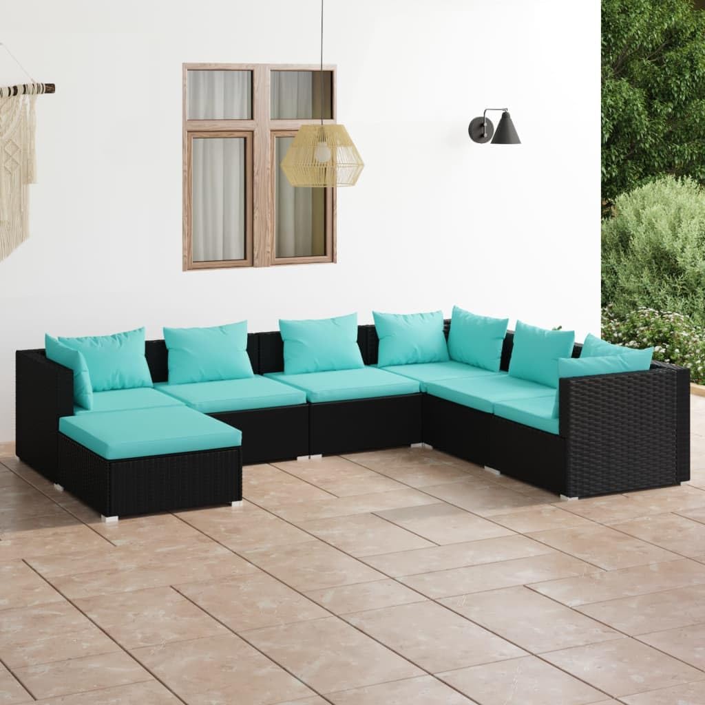 7 Piece Patio Lounge Set with Cushions Poly Rattan Black,Versatile Outdoor Poly Rattan Patio Lounge Set with Cushions for Comfort and Style Patio Furniture Sets, Outdoor Furniture Sets