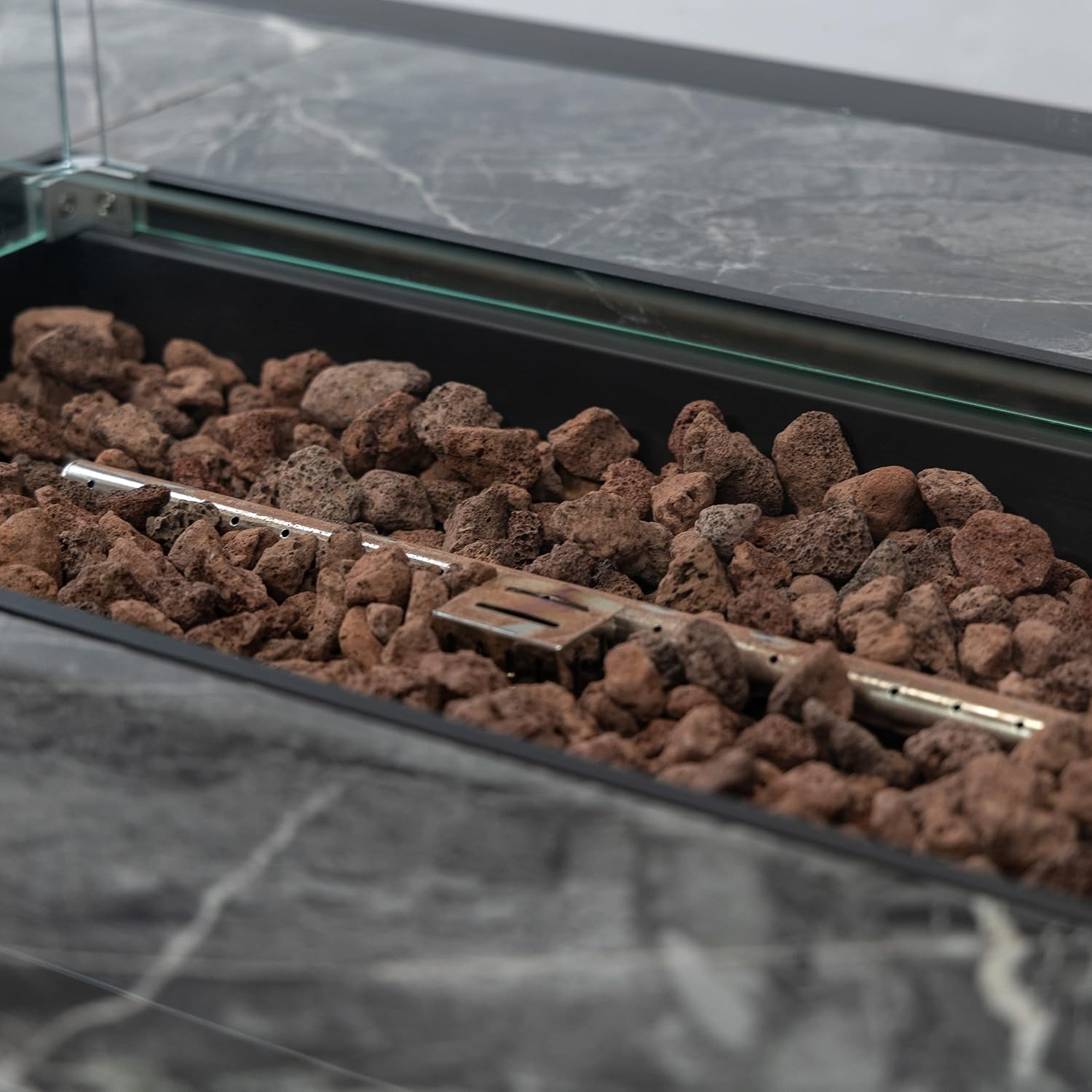 Propane Gas Outdoor Fire Pits Table with Tile Tabletop and Tempered Glass Around, 52 Inch Rectangular 50,000 BTU Auto-Ignition Wicker Base Fire Pit Table for Patio Garden Deck Backyard