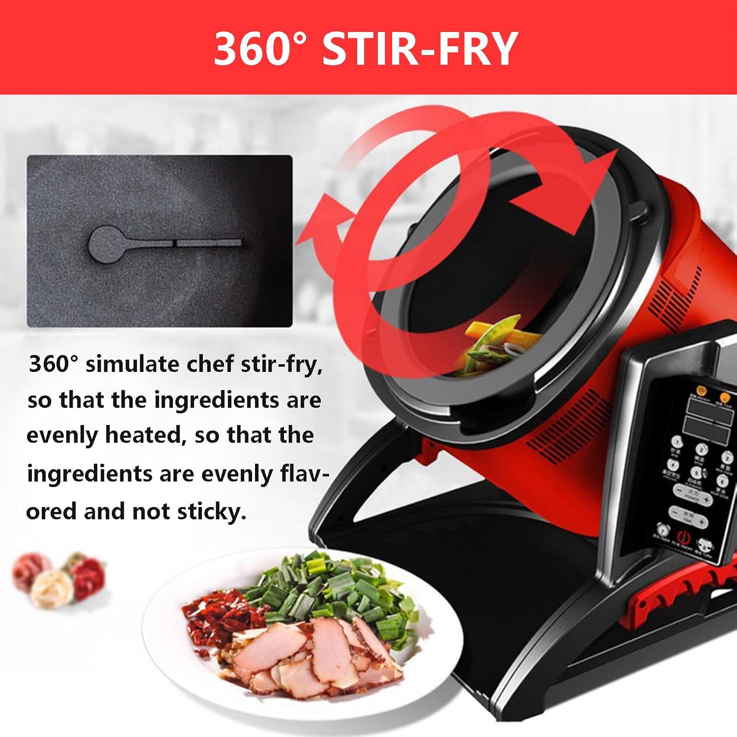 Automatic Cooking Machine, Food Steamer 360° Rotatable Stir Fry Robot, 6L Capacity Fried Rice Machine with LED Display & Detachable Top Cover for Commercial Home Use (with 2 Grater)