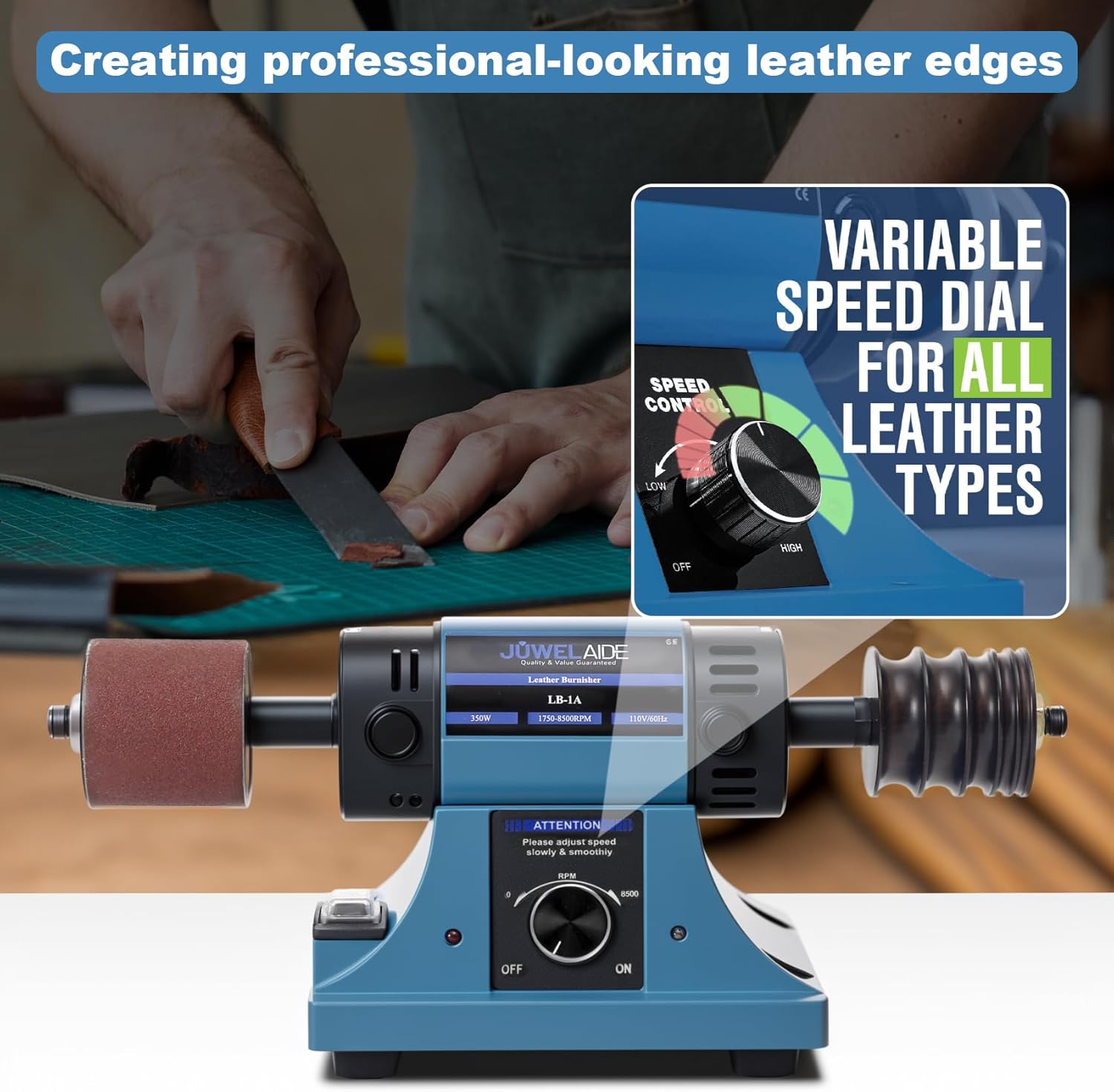 Leather Burnishing Machine | Variable Speed Leathercraft Bench Grinder, Polishing Tool, Sanding Machine, Rosewood Wheel for Leather Edge | Low Noise Motor, Standard 2x2 Inch Drum Sleeves