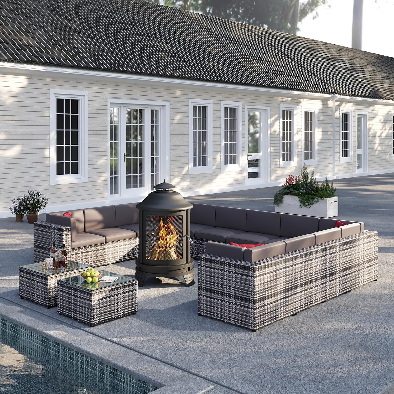 oneinmil 15-Piece Outdoor Furniture Set, with Large Fire Pit Chiminea, 2 in 1 Fire Pit for Outdoor, Wicker Rattan Sectional Conversation Set, and Coffee Table