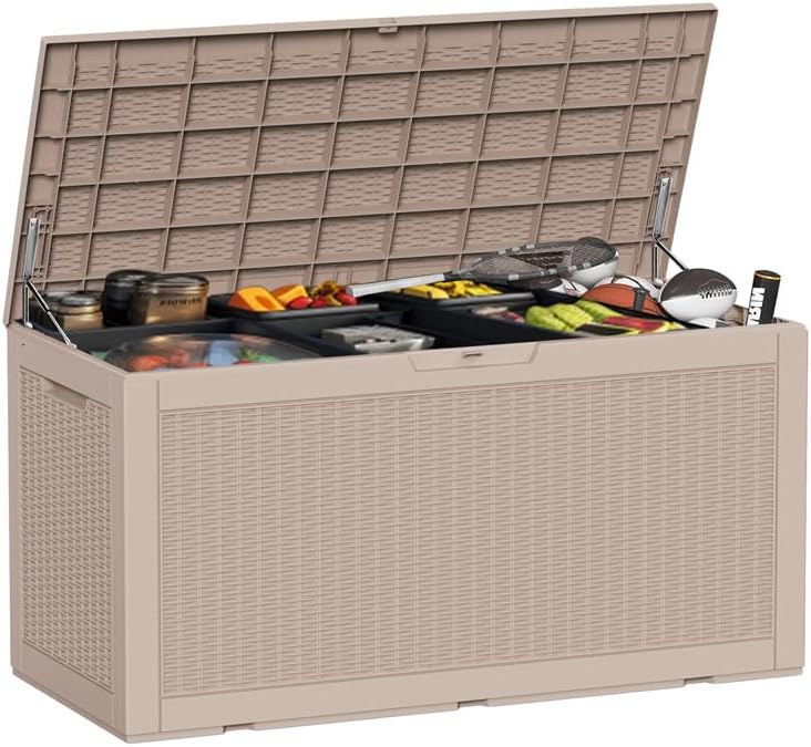100 Gallon Outdoor Storage Box - Resin Deck Box for Waterproof Patio Furniture and Storage Bench - Lockable and UV-resistant for Pool and Outdoor (Grey)