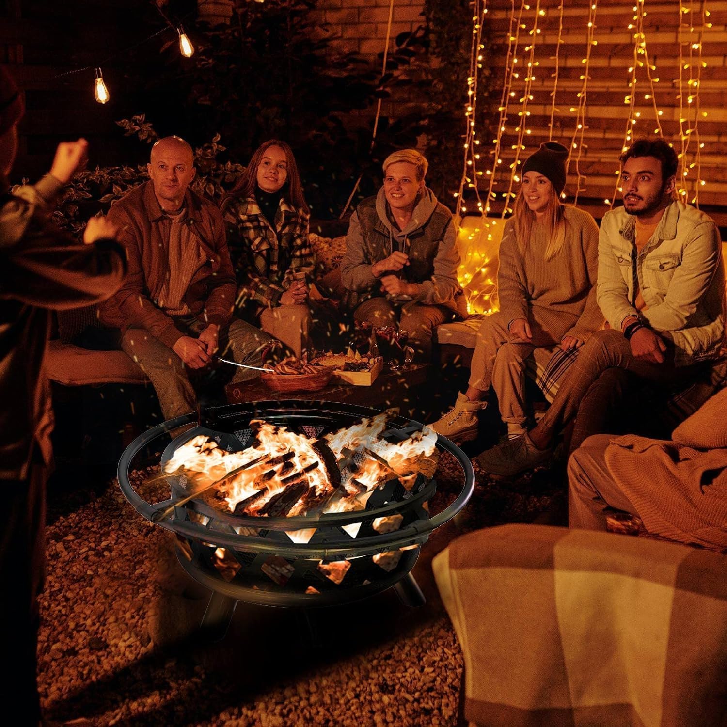 30 Inch Outdoor Fire Pit with Spark Screen & Cooking Grate - Large Round Steel Firepits for Patio, Backyard & Garden - Includes Poker for Wood Burning & Camping Use