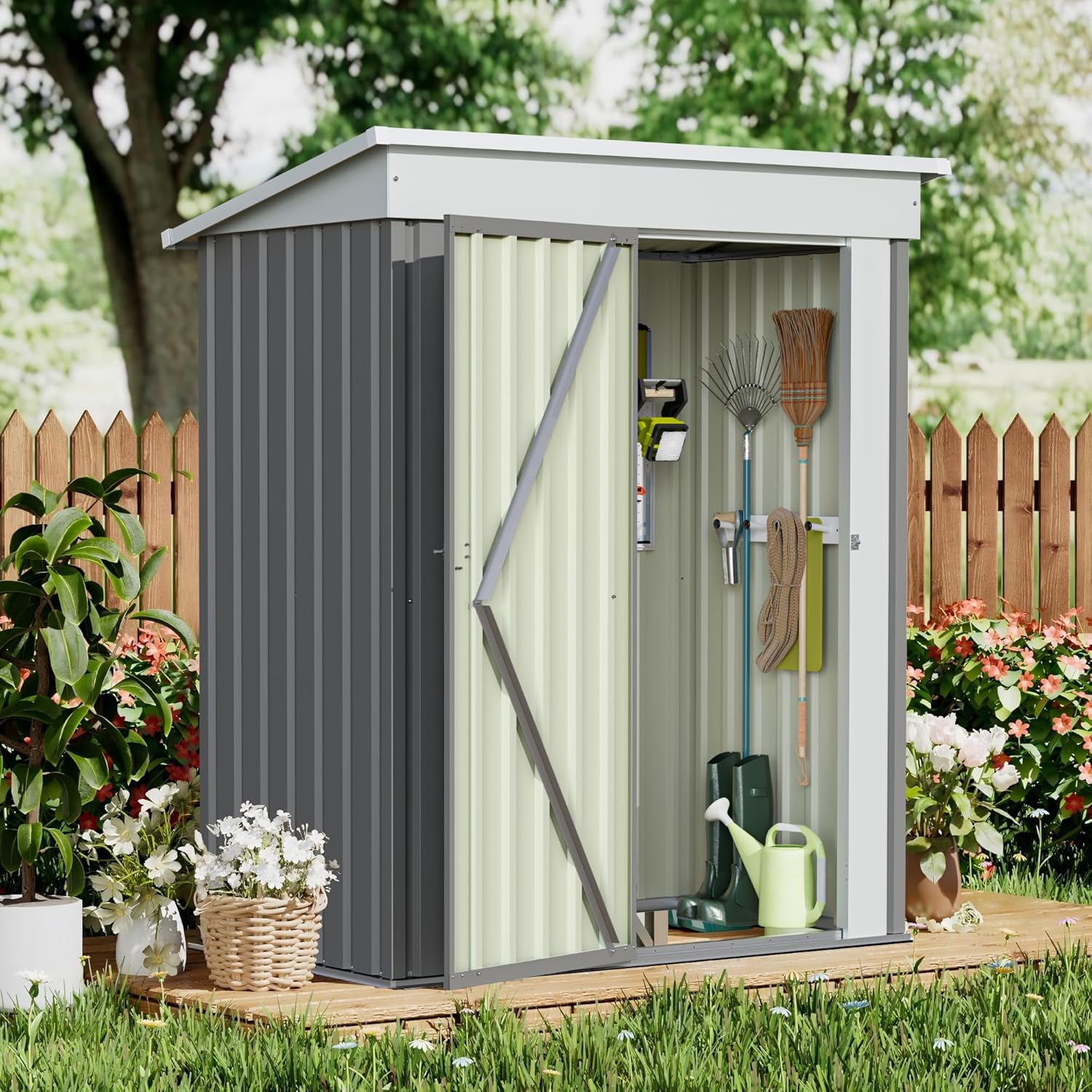 GUNJI 5 x 3 FT Shed Outdoor Storage Shed Metal Garden Shed with Lockable Door Outside Waterproof Tool Shed for Backyard, Patio, Lawn (Gray)