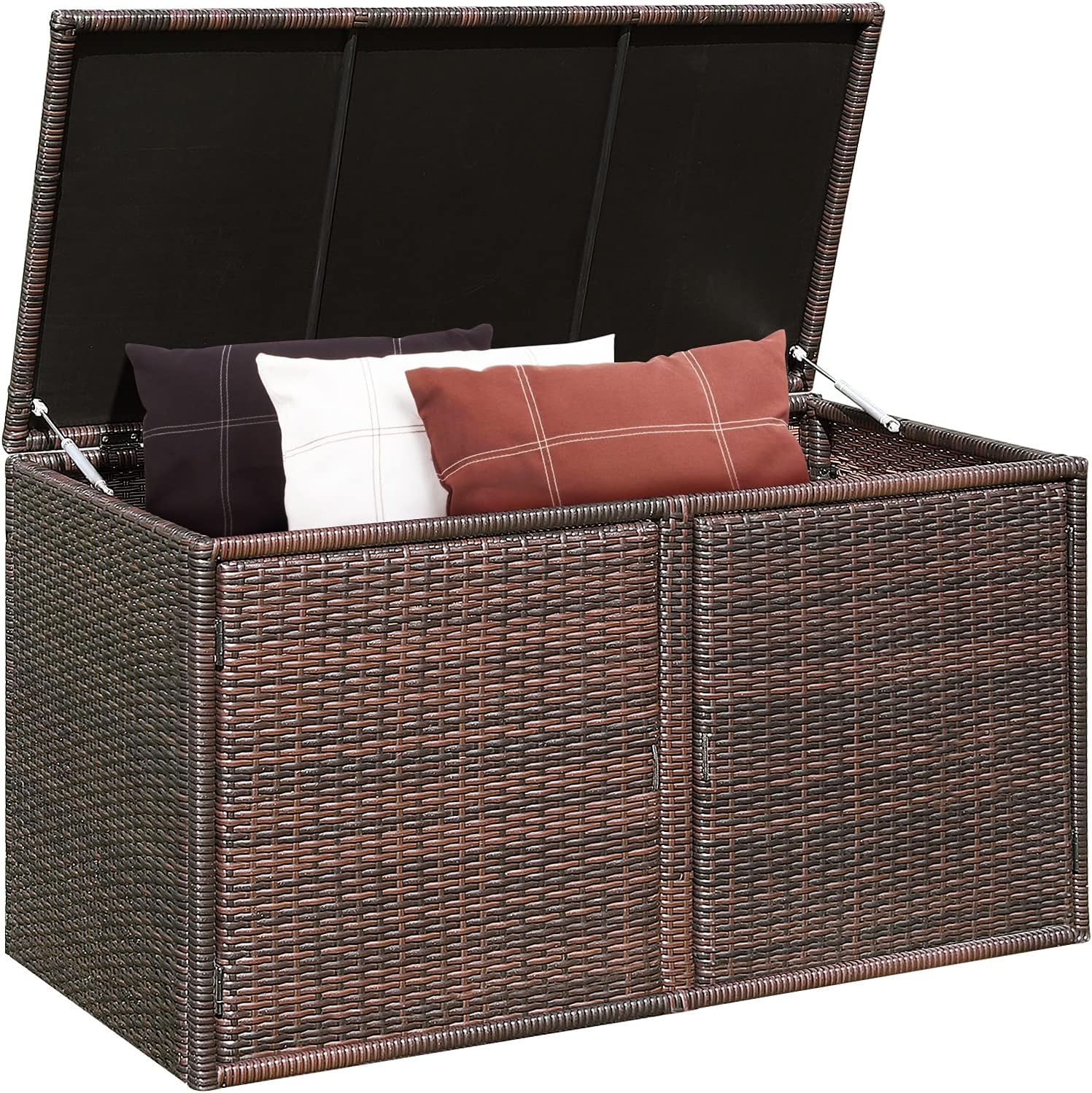 RELAX4LIFE PE Wicker Storage Box - Outdoor 88 Gallon 2-Tier Deck Box for Patio Furniture Toys Storage w/Lid & Front Doors, All Weather Rattan Storage Bin for Backyard Garden Poolside Porch (Brown)