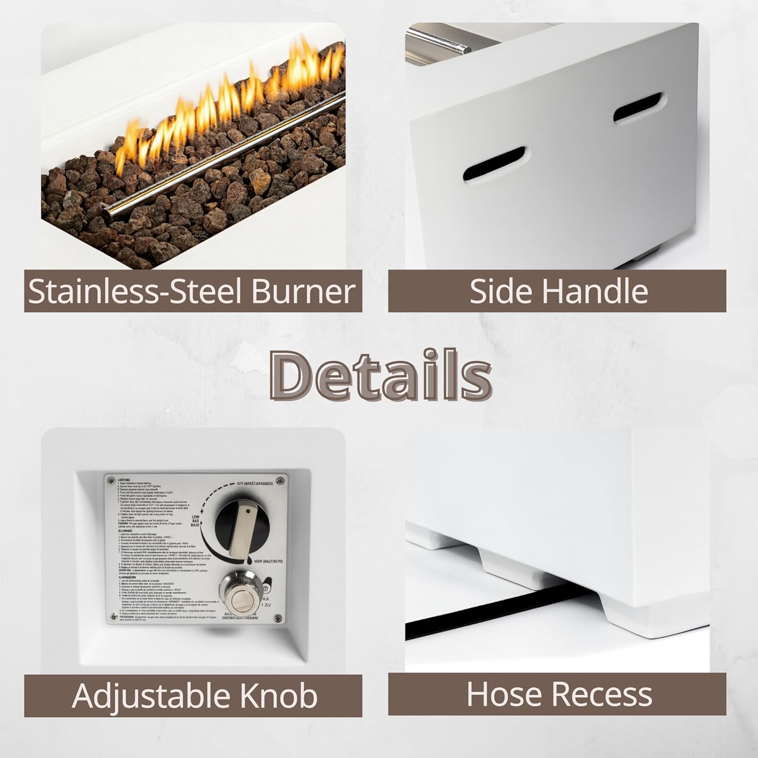 GOWE Outdoor Rectangle Propane Fire Pit Table 60inch, 60,000 BTU Concrete Fire Table with Waterproof Cover, Auto-Ignition, Free Lava Rocks,White