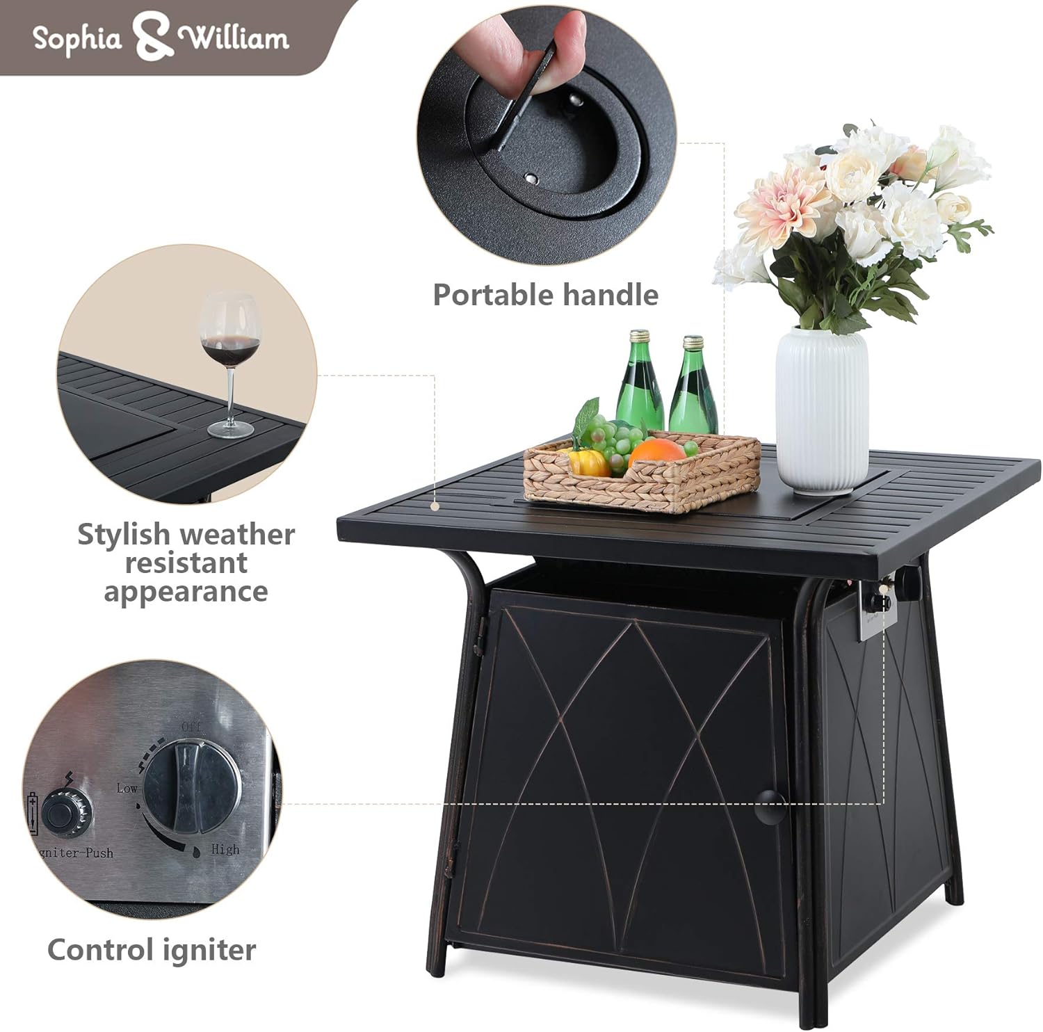 Sophia & William Patio 5 Pieces Dining Set with 1 Square Gas Fire Pit Table and 4 PE Rattan Chairs, Modern 2 in 1 50000 BTU Outdoor Propane Firepits Table Auto-ignition Black 28.4