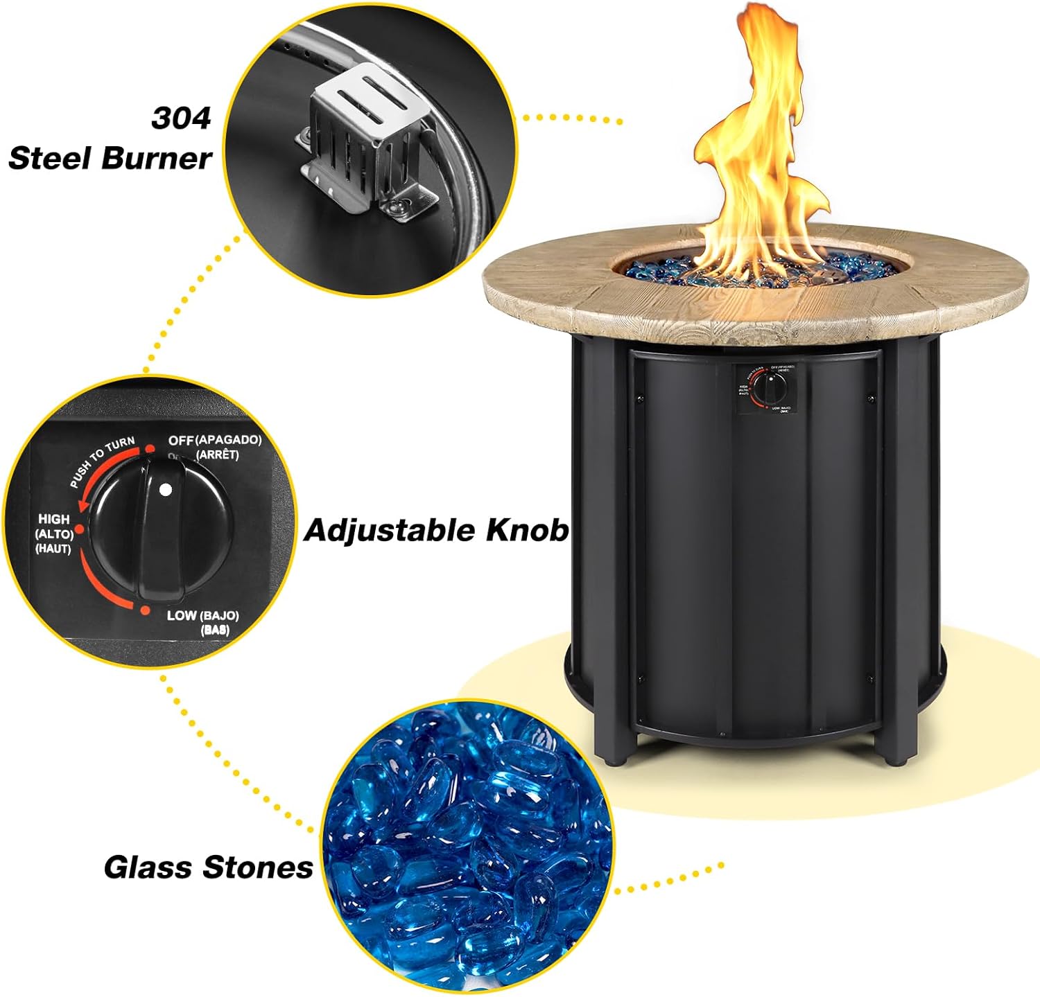 30 Inch Round Propane Fire Pit Table,50000 BTU Outdoor Gas Firepit with Automatic Ignition & Lid Cover,Iron Steel Firepit for Outside,Patio,Deck,Backyard w Glass Stones & Rain Cover