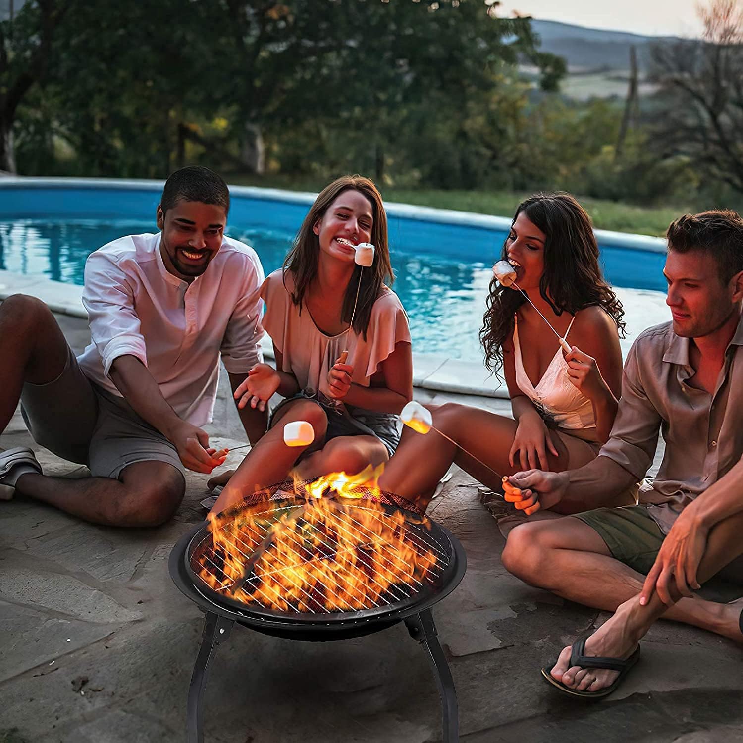 Wood Burning Steel Grill Fire Pit Bowl with Mesh Fire Pit Outdoor Fireplace