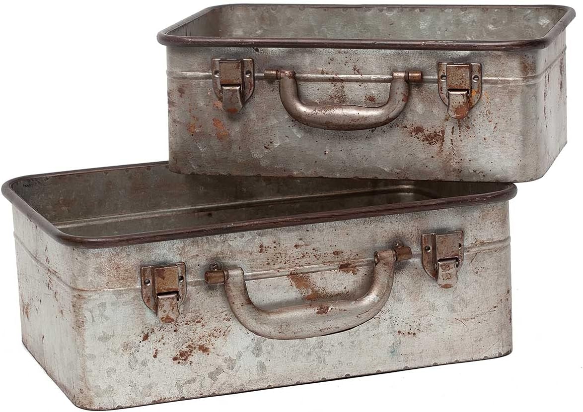 S/2 Decorative Metal Suitcases Storage Rustic Planters Modern Industrial Design Containers Organizers