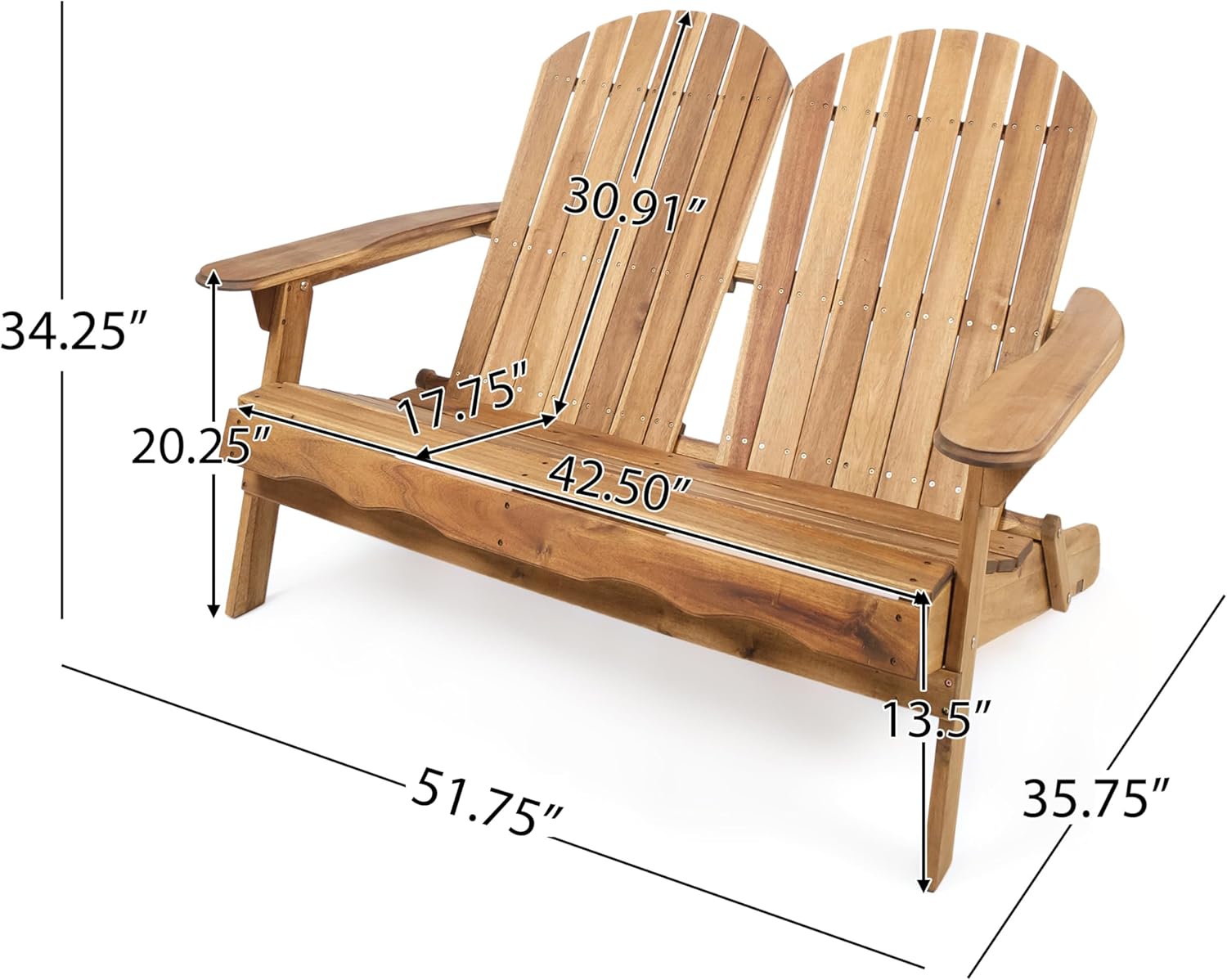 Adirondack Outdoor Chairs - Outdoor Loveseat with Slat-Backed, Wooden Patio Chairs with Wood Frame and Armrest for Fire Pit, Backyard, Garden, Poolside