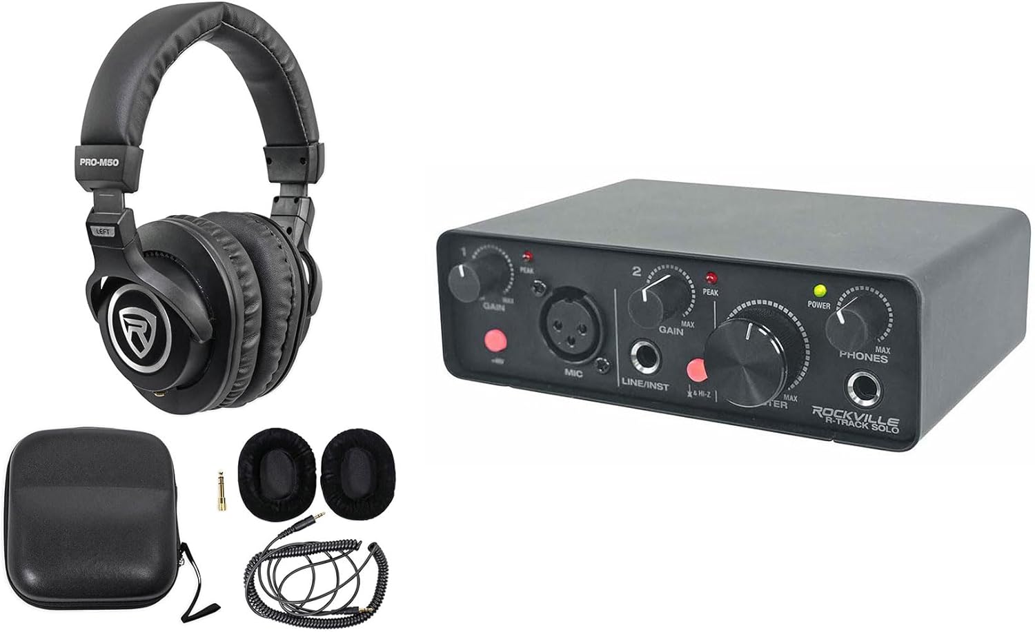Rockville Bundle: Rockville R-TRACK SOLO Recording USB C Audio Interface 24Bit 192Khz+ASIO Drivers Bundle with Rockville PRO-M50 Studio Headphones w/Detachable Coil Cable (2 Items)