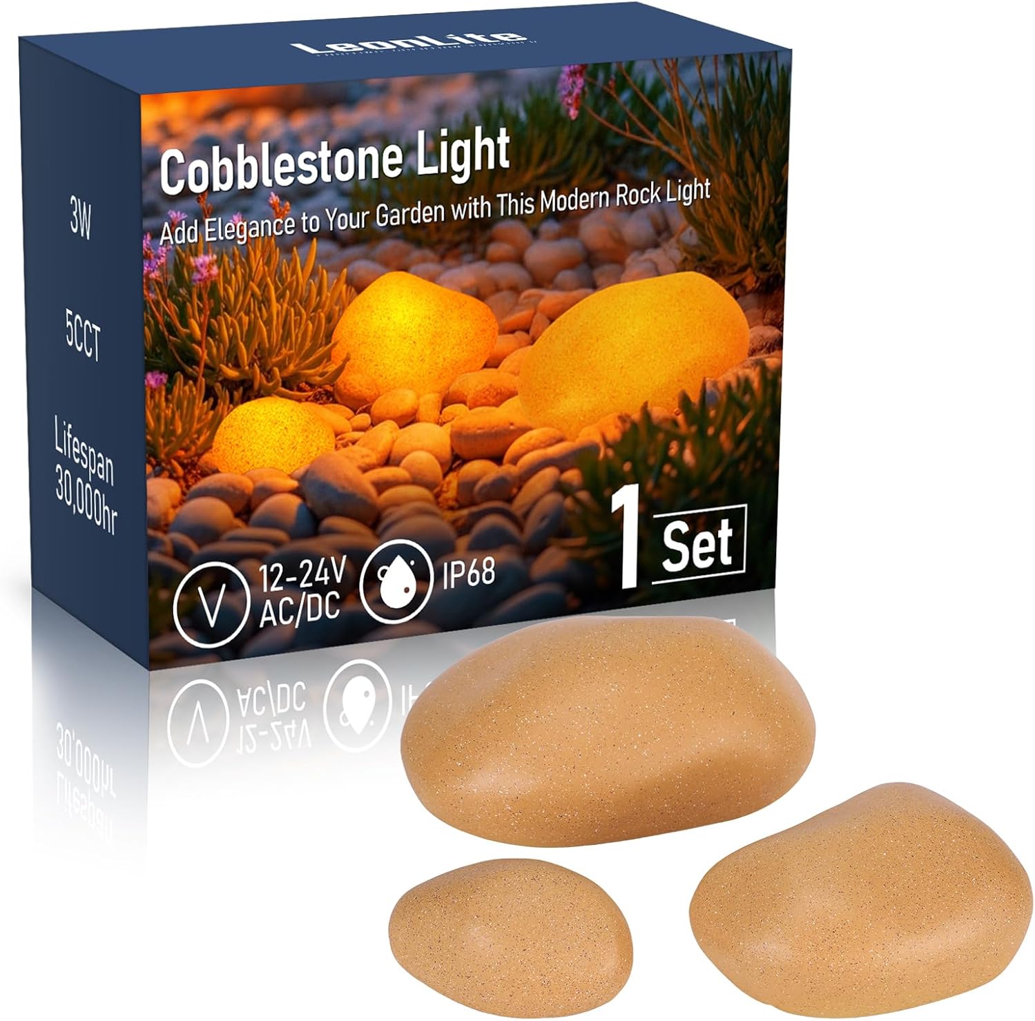 LEONLITE Low Voltage Pebble Shape Lights Outdoor, 5CCT Cobblestone Pathway Lights 3Pcs, LED Decorative Garden Light for Yard, 12-24V AC/DC, 1800K/2700K/3000K/4000K/5000K Selectable, Yellow