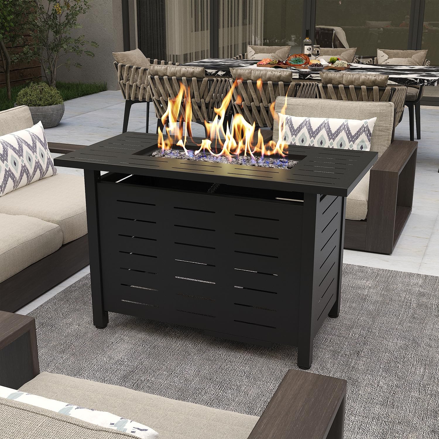 Propane Fire Pit 50,000 BTU Outdoor Gas Fire Table with Waterproof Cover Rectangular Steel Firepit Table with Lid and Lava Rock for Outdoor, Patio, Backyard