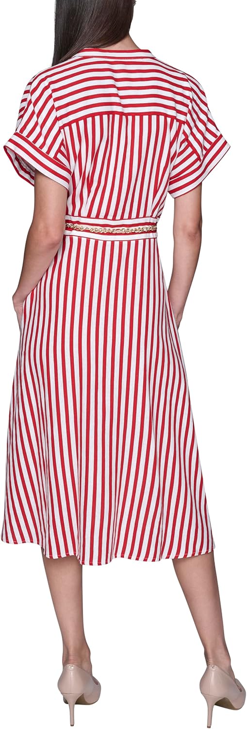 Karl Lagerfeld Women's Short Sleeve V-Neck Printed Linen Midi Dress