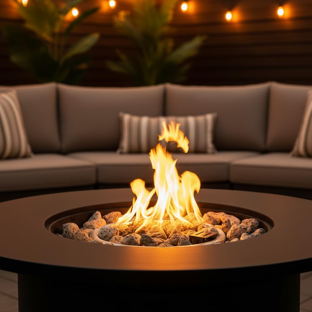32-Inch Round Propane Fire Pit Table, 50,000 BTU Outdoor Steel Fire Table with Storage, Black Wicker Design, Volcanic Rocks, Electronic Ignition for Patio Garden Deck