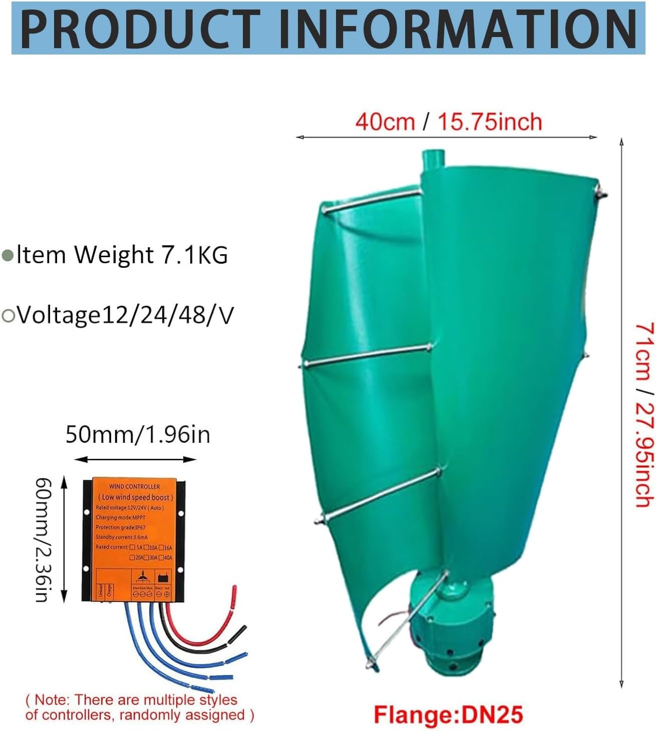 14000W Wind Turbine Generator Kit, 12V/24V/48V Portable Vertical Helix Power System, 2 Blade with Charge Controller for Marine, RV, Home, Industrial Energy Solutions (Teal)