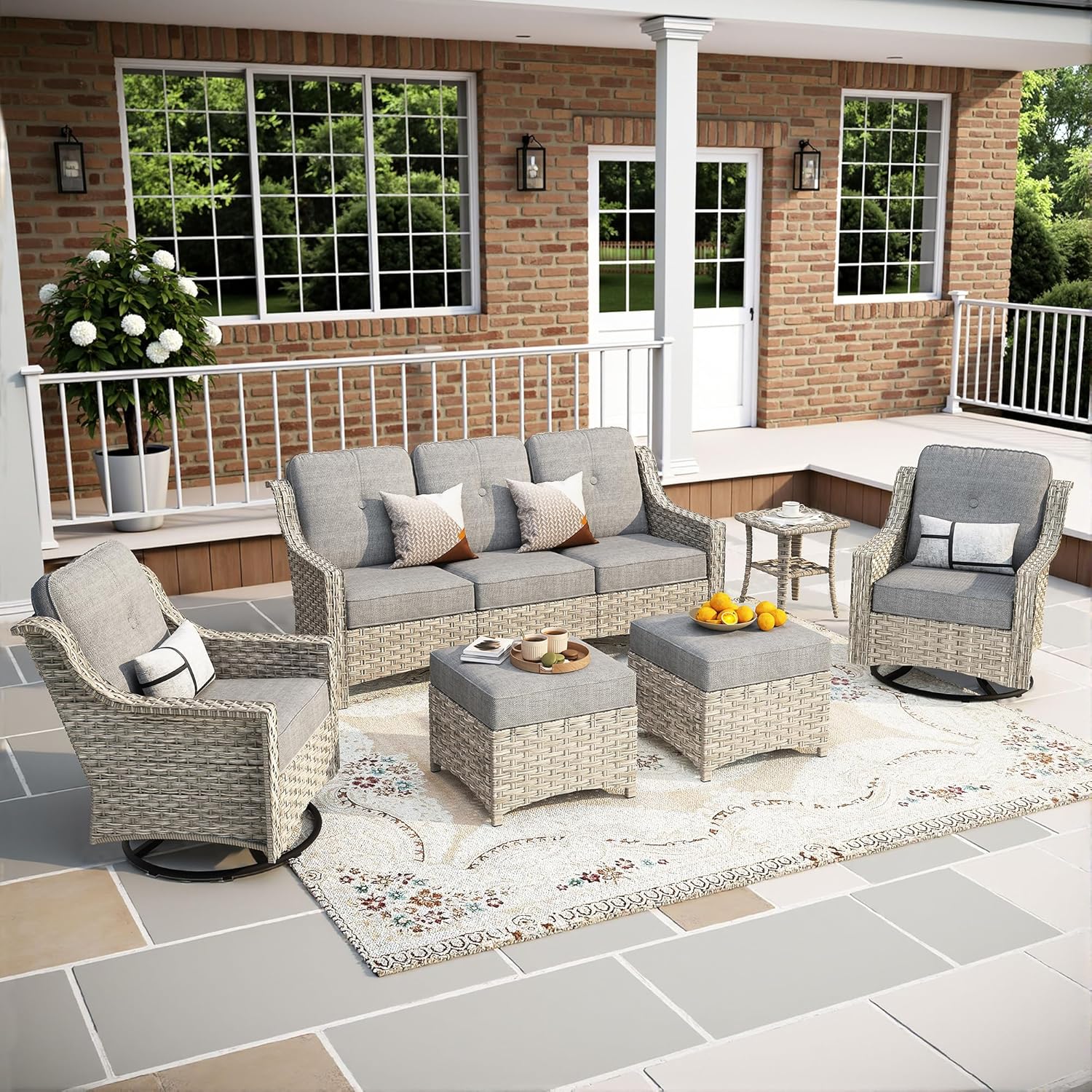 6-Piece Patio Furniture Set, Outdoor Conversation Set Sectional Sofa with Rocking Chairs and Water Resistant Cushions, Dark Gray