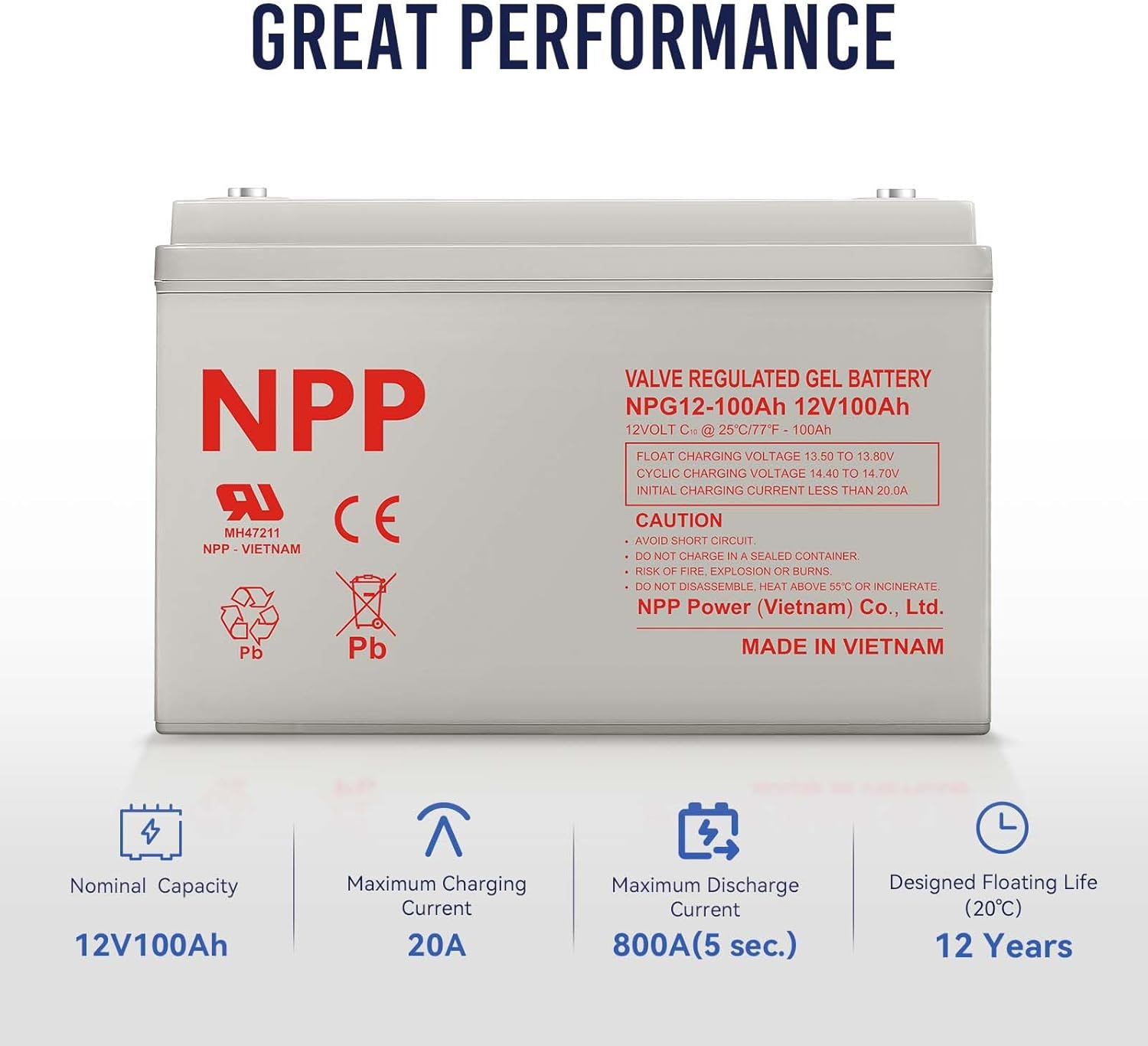 NPP NPG12-100Ah (2Pcs) 12V 100Ah Gel Deep Cycle Rechargeable Battery for PV Solar Panels,Smart Chargers Wind Turbine and Inverters,RV, Marine and Boat