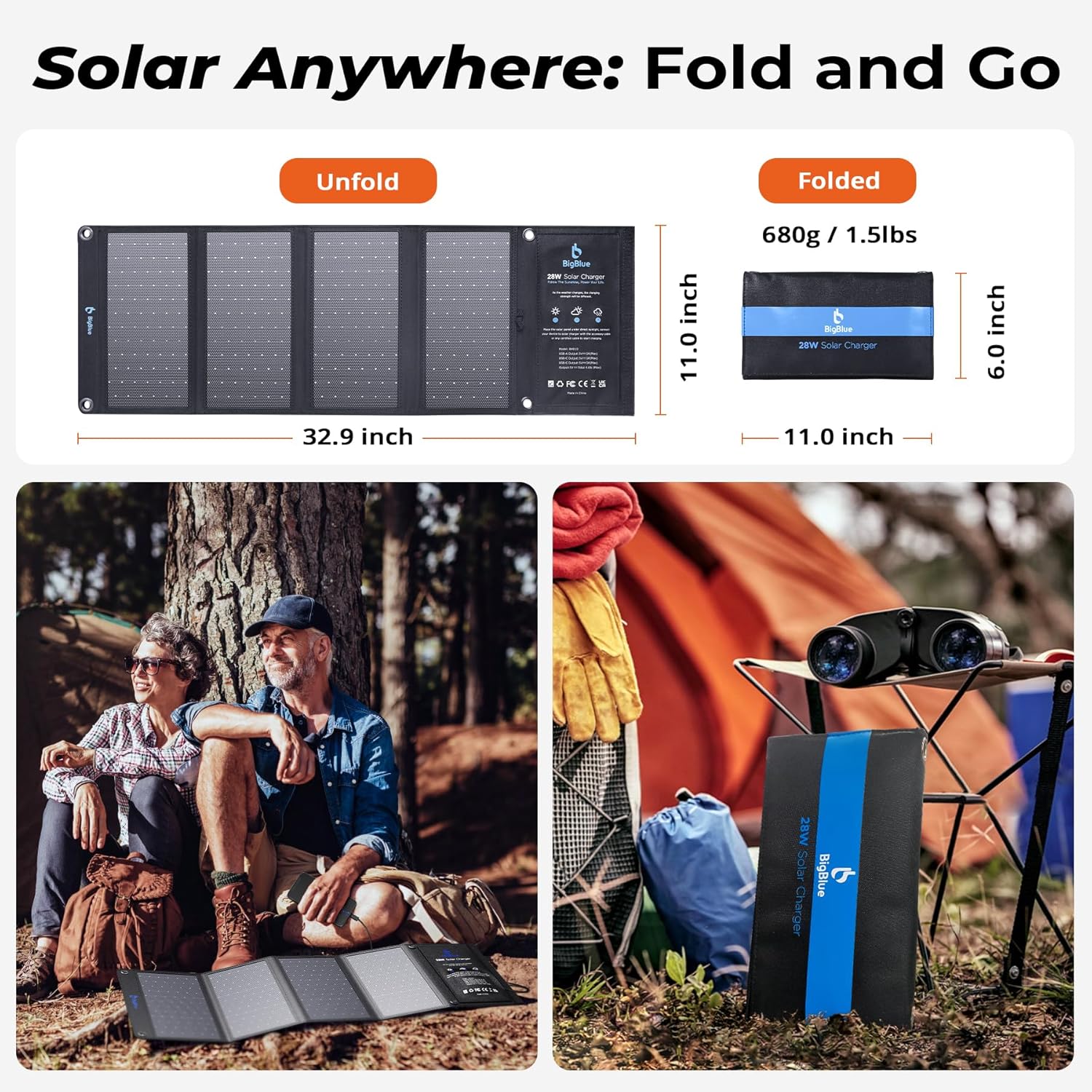 BigBlue 28W Solar Panel Charger with Dual USB-C and USB-A, Portable Solar Phone Charger for Camping, Hiking, Backpacking, Emergency Solar Charger for iPhone, iPad, Samsung Galaxy, Power Bank, GPS etc