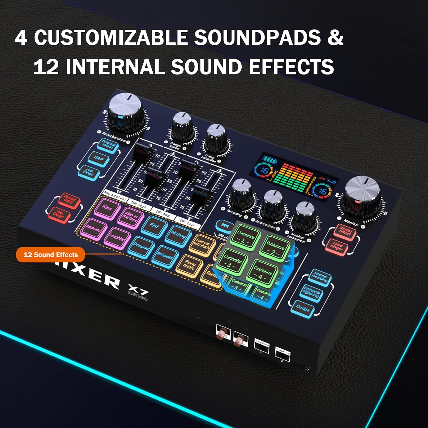 RHM X7 Podcast Equipment, Audio Mixer Interface with 48V Phantom Power & XLR Microphone Interface, 4 Voice Changing Modes, 16 Sound Effects, LCD Display, for PC/Phone/Streaming (TY01)