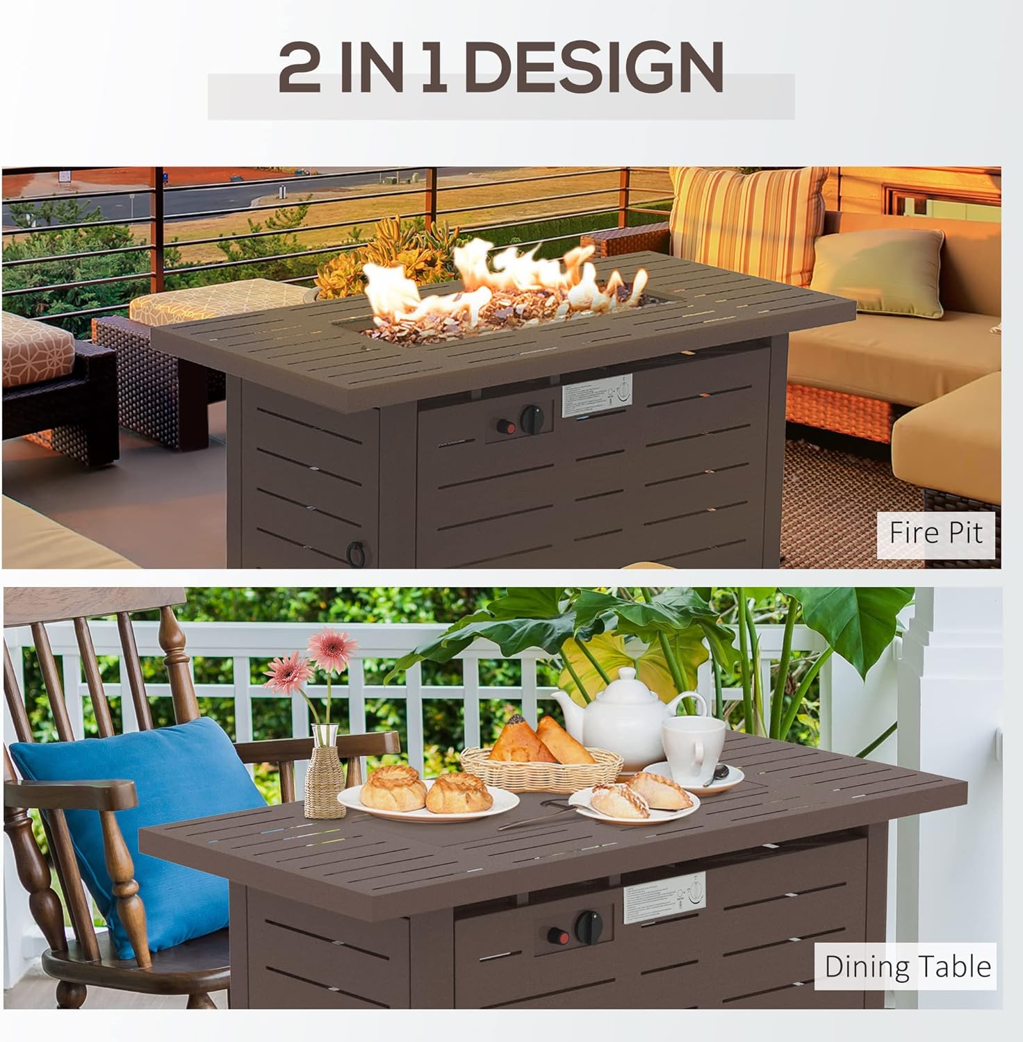 42 Inch Outdoor Propane Gas Fire Pit Table, 50,000 BTU Auto-Ignition Rectangular Gas Firepit with Slat Tabletop, Lid, Lava Rocks, Rain Cover, CSA Certification, Brown