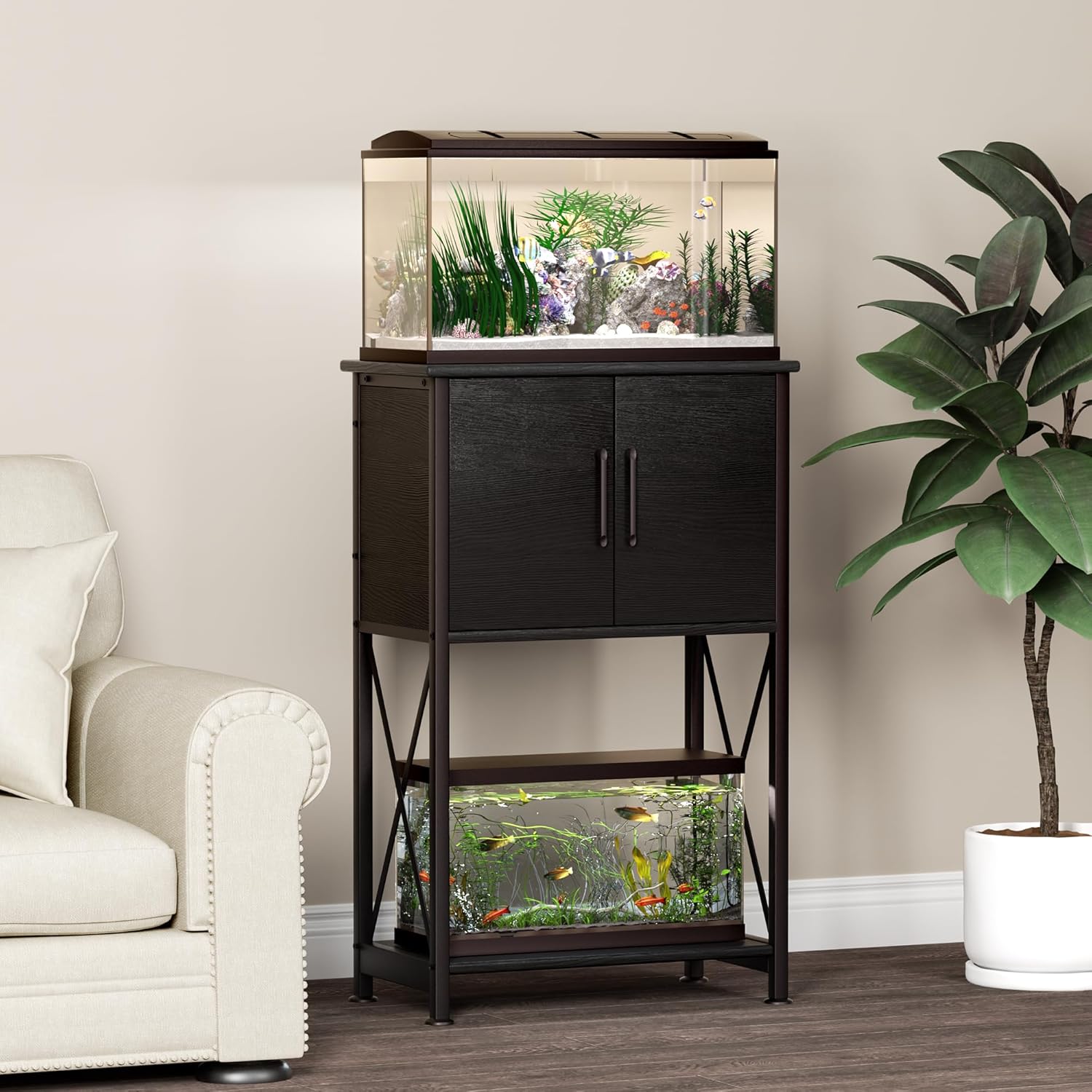 5-10 Gallon Fish Tank Stand, Metal Double Aquarium Stand with Cabinet for Fish Tank Accessories Storage, Heavy Duty 20.5