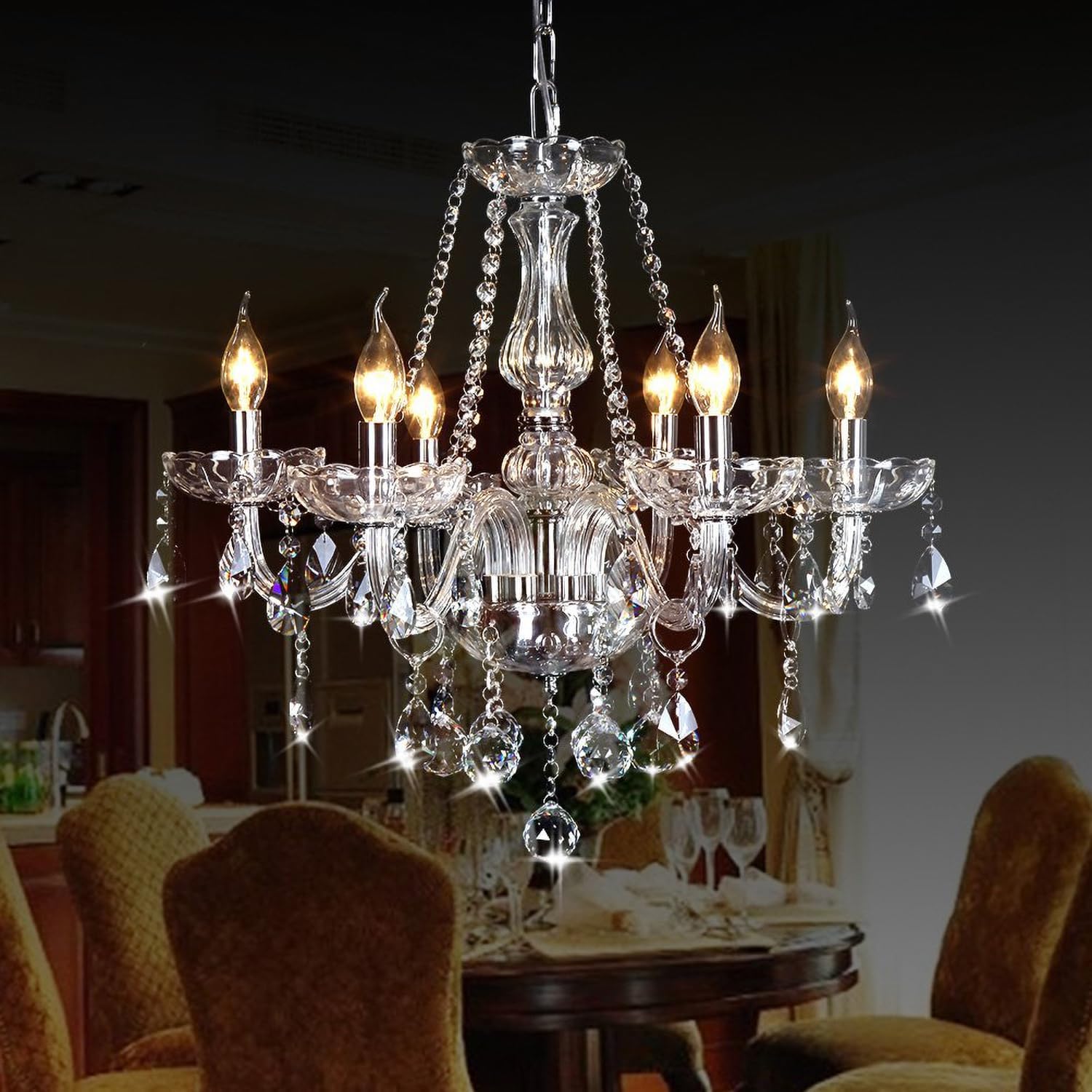 Crystal Chandeliers Classic Crystal Candle Chandelier Lighting, Vintage 6 Lights Pendant Ceiling Fixture Lamp for Dining Room Bedroom Island Hallway Wedding Decoration