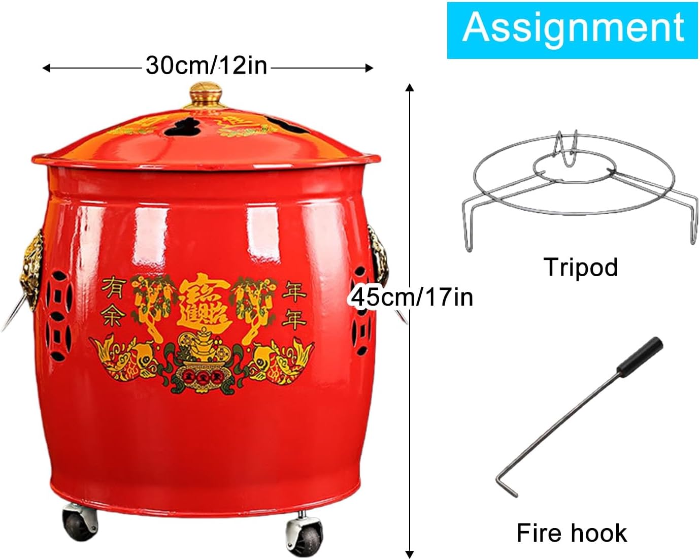 Fire Pit, Burn Barrel, Galvanized Trash can, Including Tripod, Fire Hook, for Garden Paper Leaf Trash Wood Backyard Bonfire(30cm/12in)