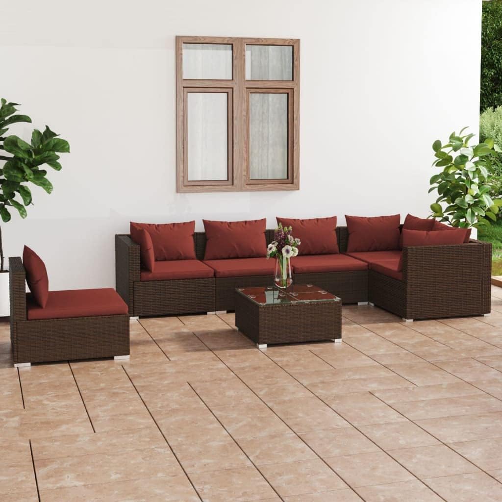 7 Piece Patio Lounge Set with Cushions Poly Rattan Brown Garden Furniture