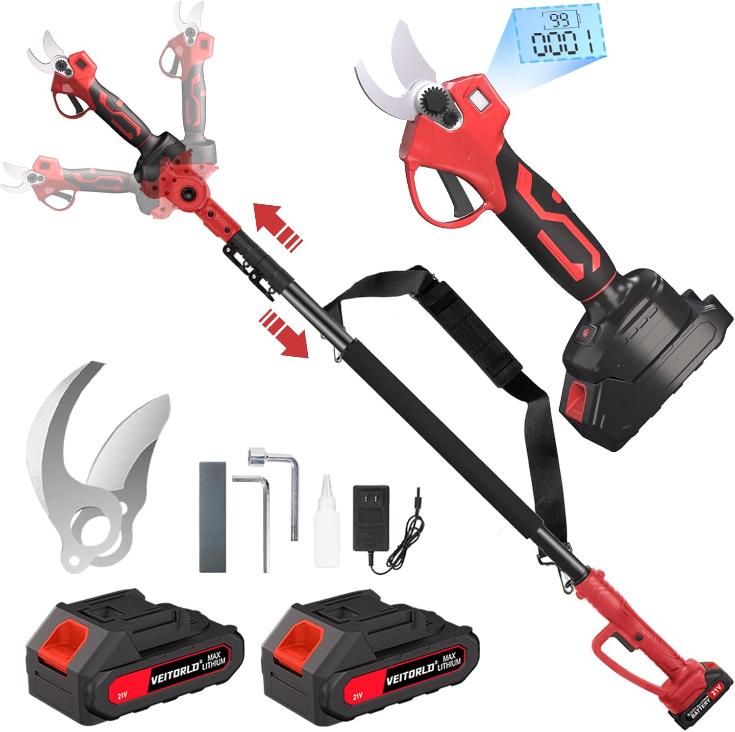 VEITORLD 2-IN-1 Cordless Electric Pole Pruning Shears, 15ft Reach, 1.2