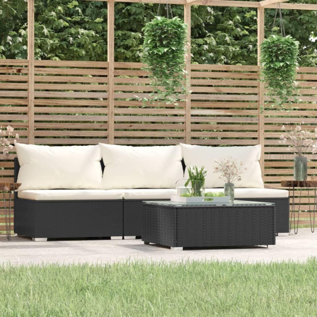 Patio Furniture Set 4 Piece with Cushions Black Poly Rattan Garden Furniture