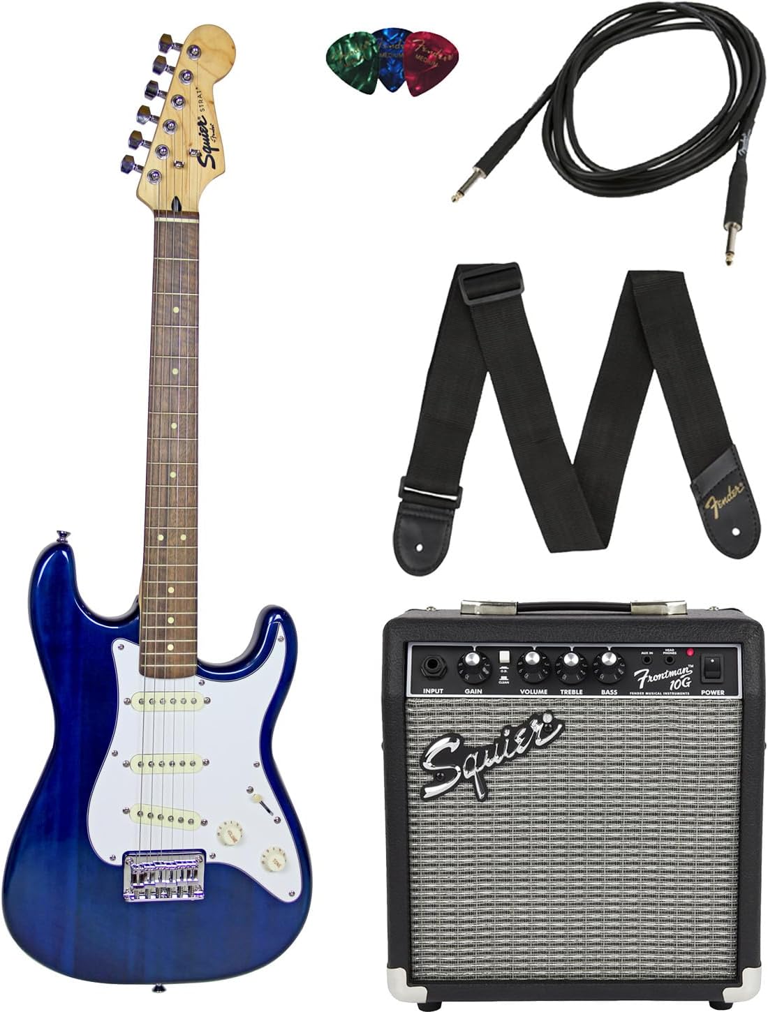 Squier by Fender Short Scale Stratocaster Pack with Frontman 10G Amp, Cable, Strap, and Picks - Blue