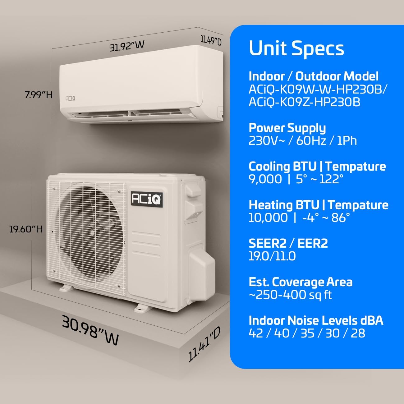 ACiQ 20 SEER2 Essentials 9000 BTU Comfortable Inverter Mini Split AC/Heating System, 0.75 Ton White Wall Mount Ductless Heat Pump AC Unit, with 16ft Installation Kit | WiFi Control, 208/230V, R454B