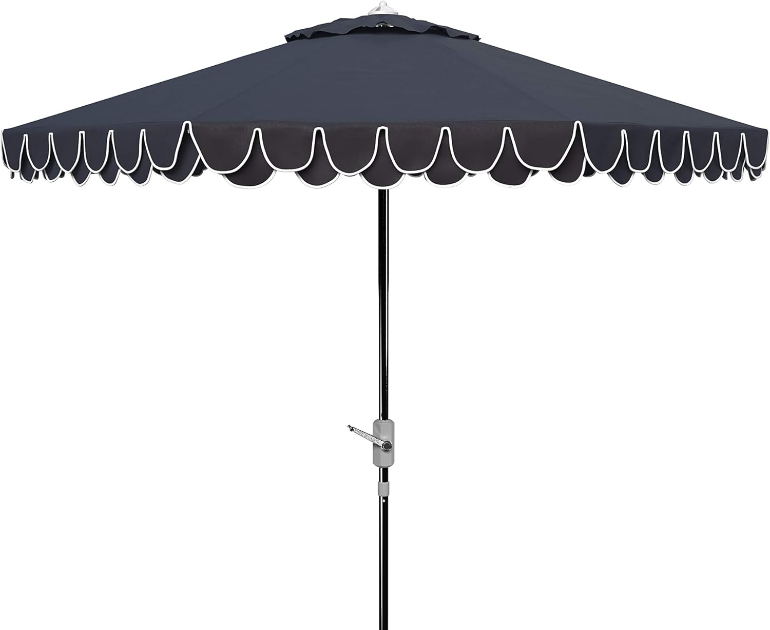 SAFAVIEH 9ft Outdoor Patio Umbrella, Round, Valance, White & Navy Trim, Auto Crank Tilt, UV Resistant for Deck, Backyard, Poolside (PAT8006G)