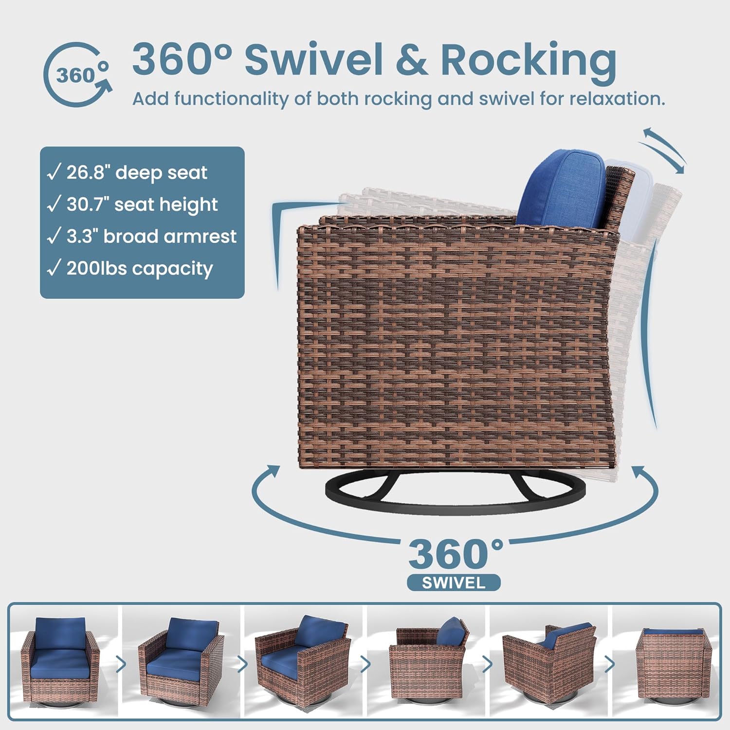 Amopatio Patio Furniture Set with Fire Pit Table, Outdoor Furniture Sectional Sofa with Swivel Chairs, Modern Conversation Sets for Balcony Backyard, Navy（Include Waterproof Covers ）