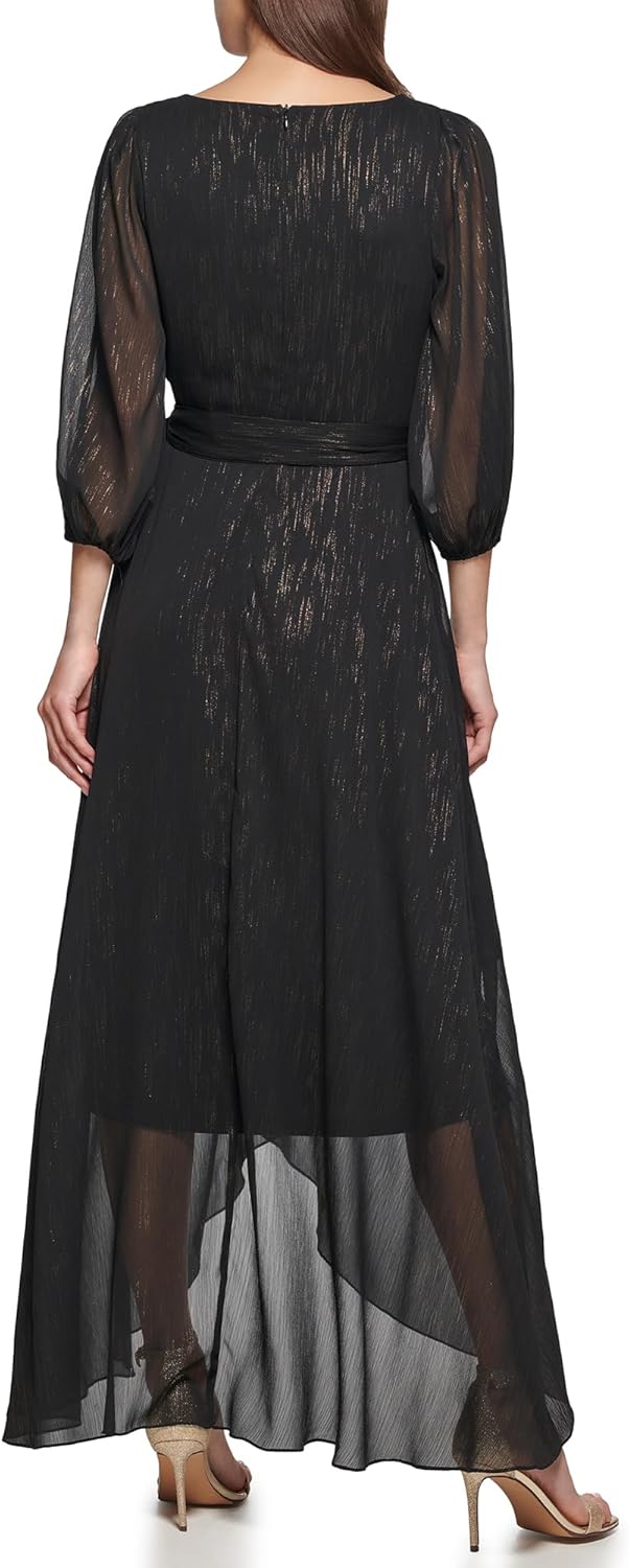 DKNY Womens Half Balloon Sleeve Faux Wrap Midi Dress