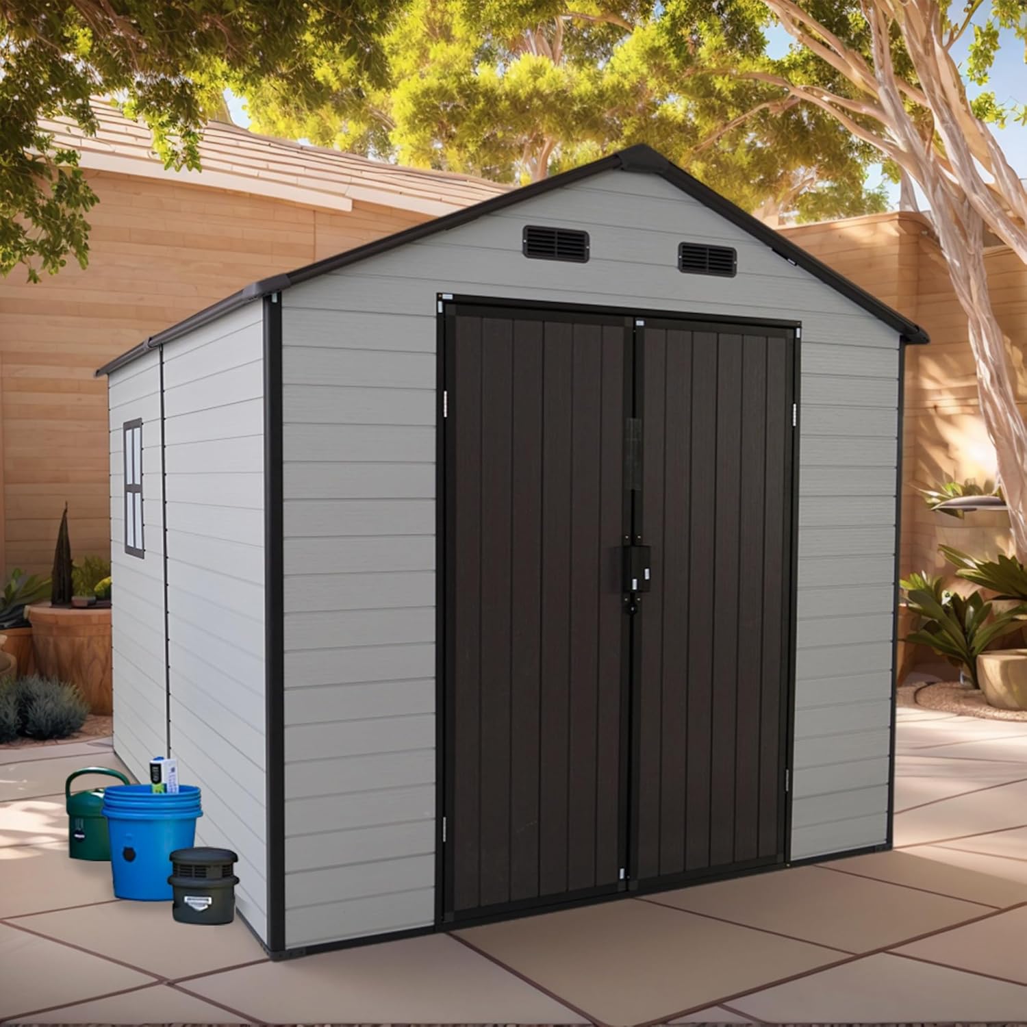 8x8x7.6FT Outdoor Resin Storage Shed with Windows and 4 Vents,Waterproof Strong Aluminum Frame w/Lockable Design & Door,Tool House for Storing Bicycles,Lawnmowers,Barbeques,White+Brown